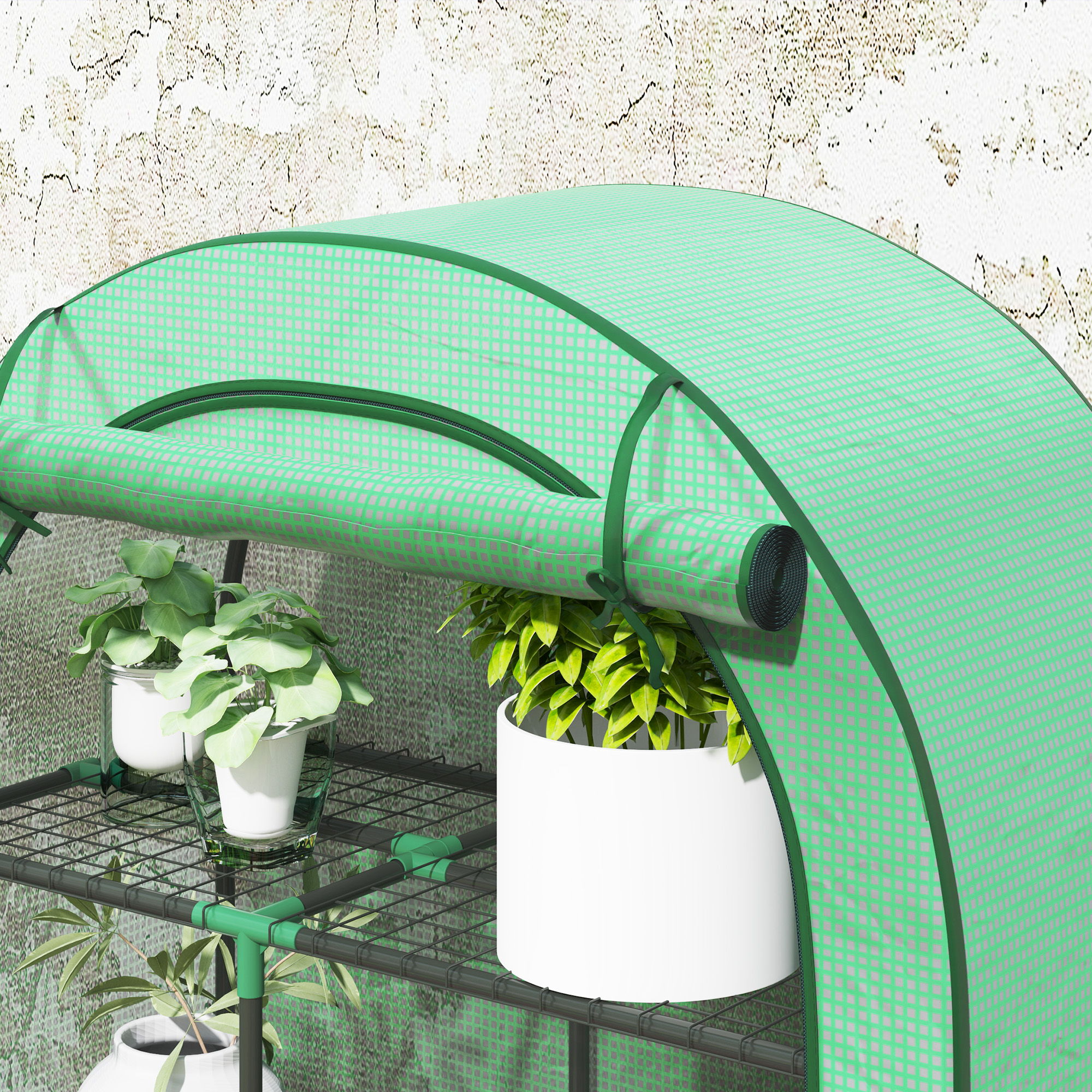 Mini-Gewächshaus, 4-stufiges Gewächshaus mit Kunststoff-Plane, tragbar, Rolltür, 100 x 45 x 160 cm, Grün