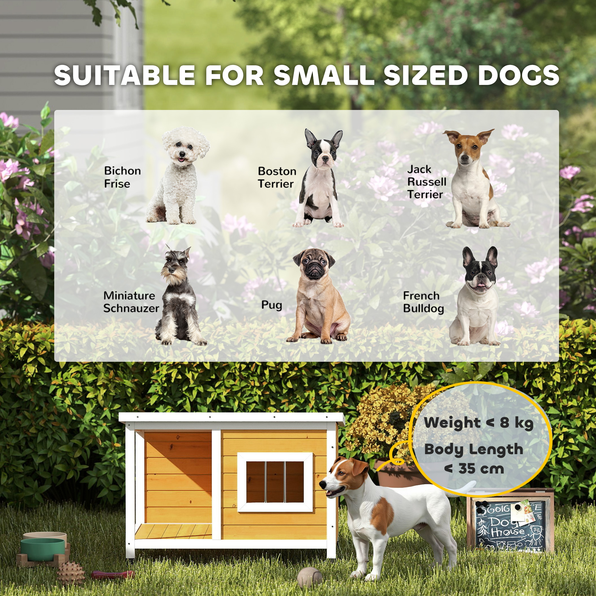 Hundehütte mit Veranda, aufklappbares Dach, Fenster, verstellbare Füße, Naturholz, orange, 85,5 x 62 x 60 cm