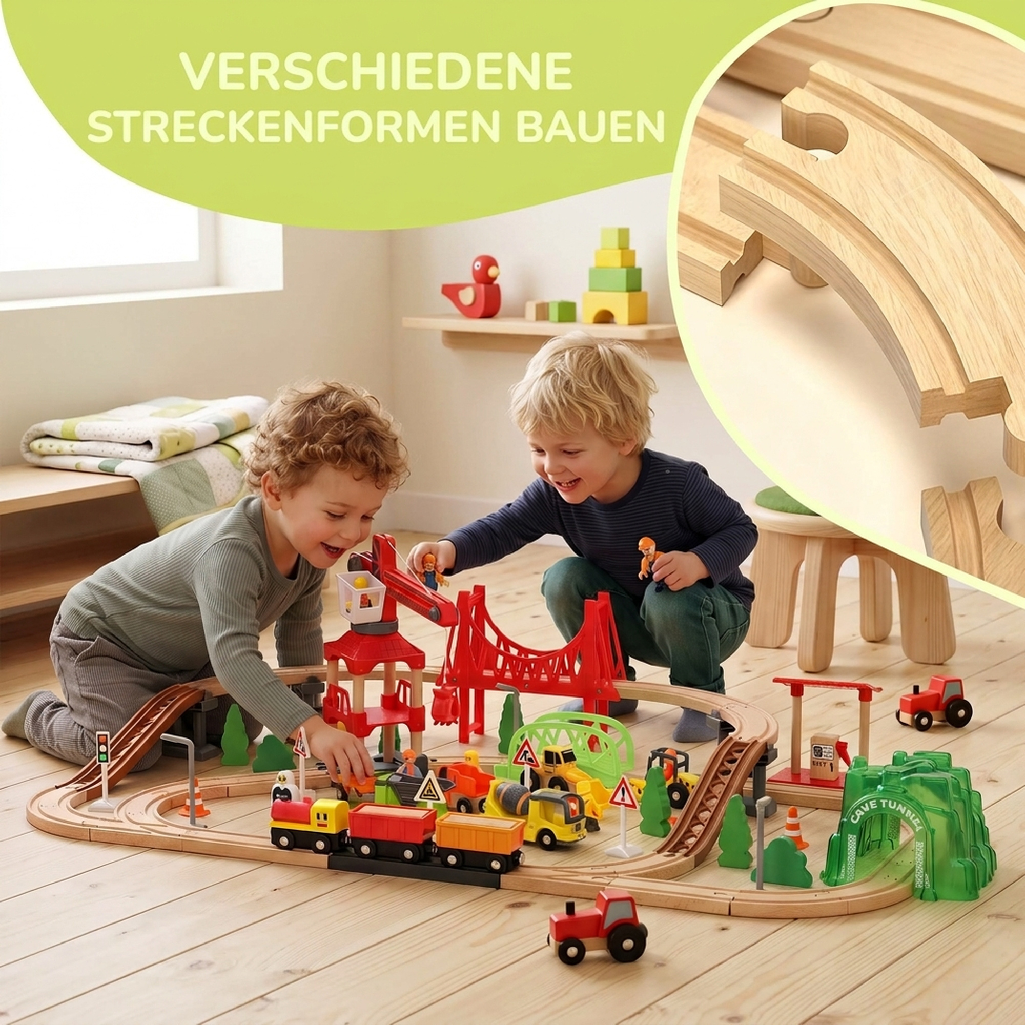 Holzeisenbahn Set 91 Stück Eisenbahn Set mit Kran Zügen Baufahrzeugen, Schienen Brücke für Kinder ab 3 Jahren
