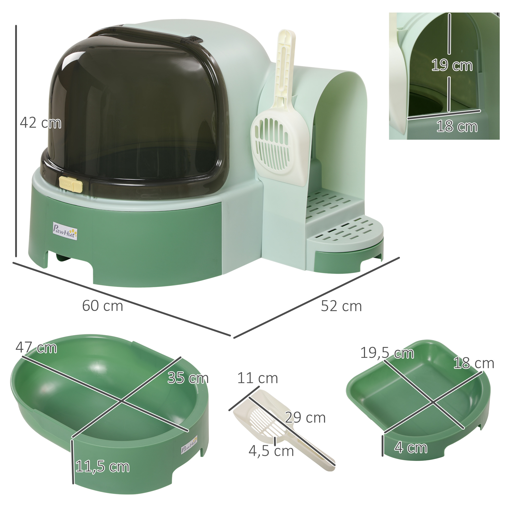 Katzentoilette, 2 herausziehbare Bodenwannen, 1 Schaufel, Streuauffangfach, abnehmbare Haube, Grün + Schwarz