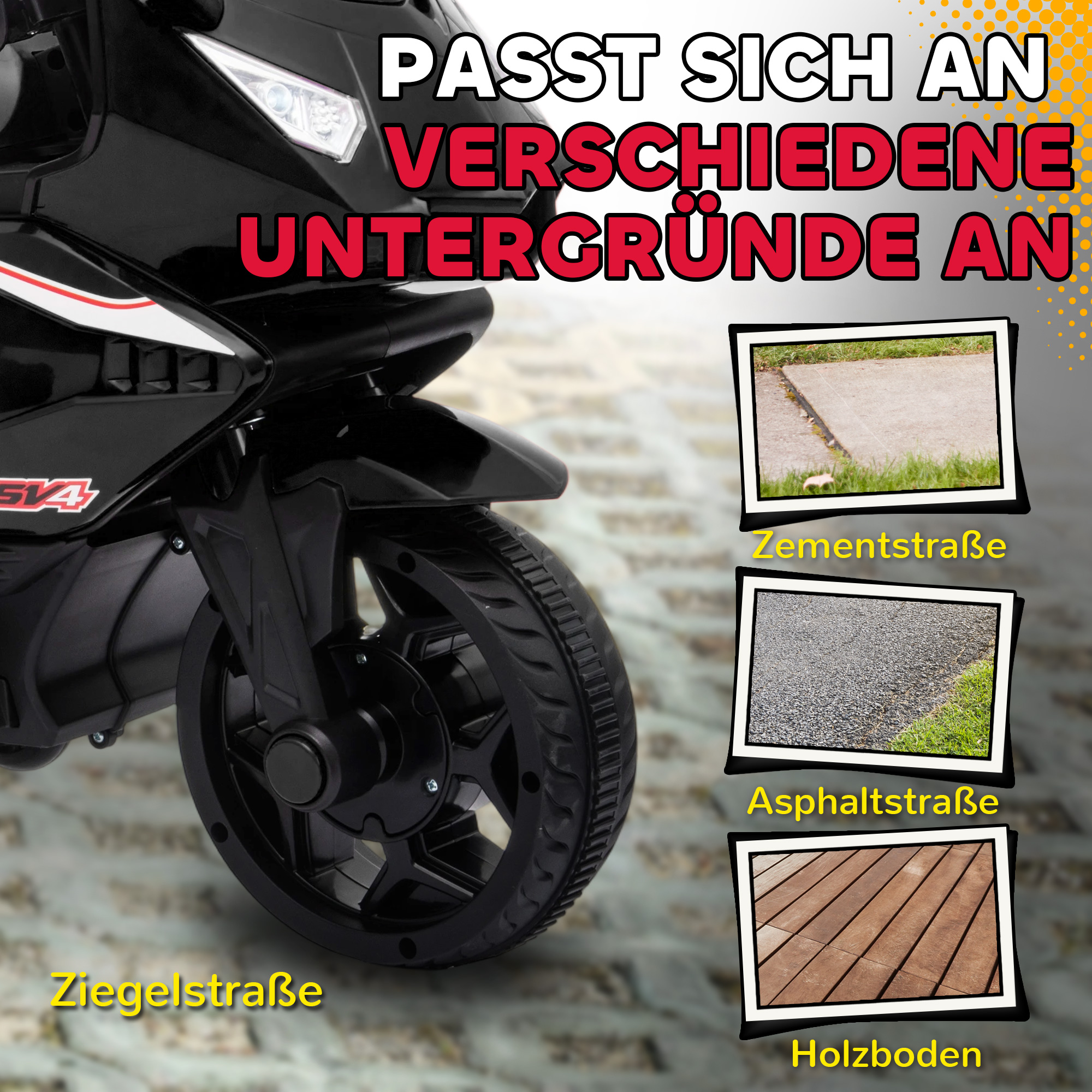 Elektro-Motorrad für Kinder, Hupe, Scheinwerfer, Musikfunktion, 2,5 km/h, Schwarz