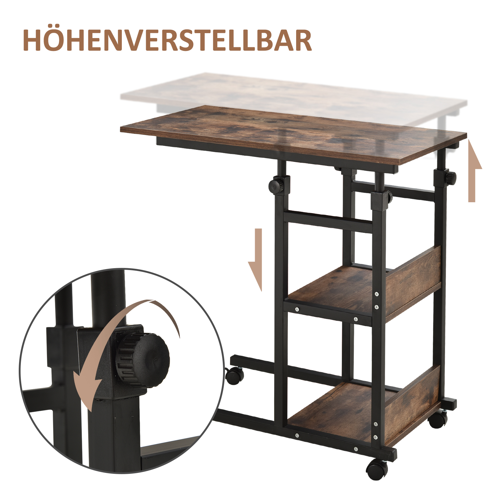 Beistelltisch mit Rollen, höhenverstellbar, kompakt, 2 Ablageböden, Metallrahmen, 80x40x72-82 cm, Braun/Schwarz
