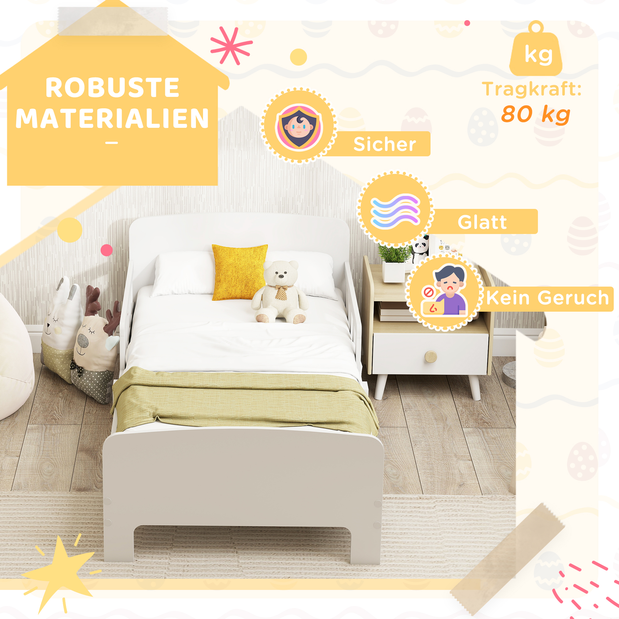 Kinderbett mit Sicherheitsschienen, Kleinkinderbett für Kinder im Alter von 3-8 Jahren, MDF, Weiß