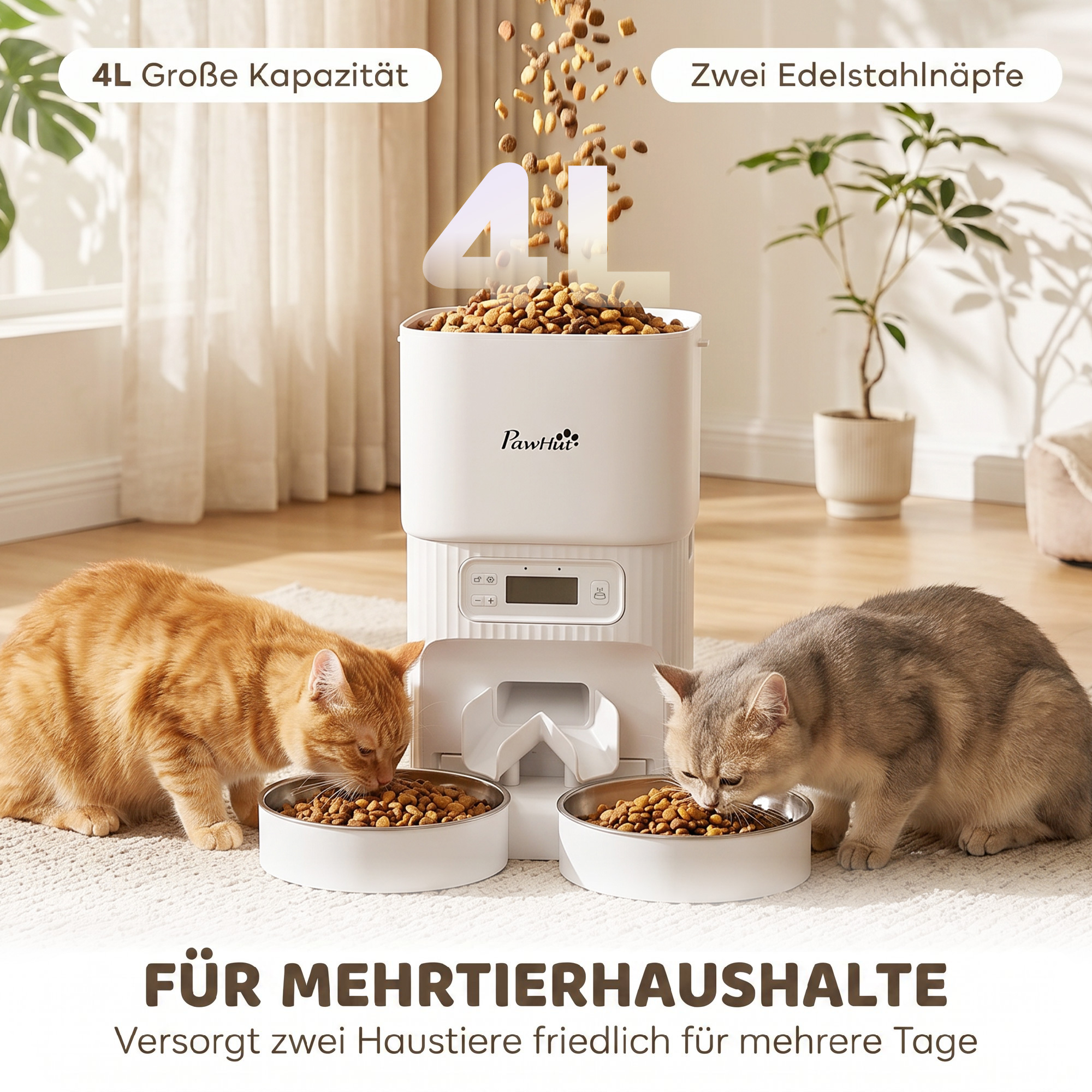 automatischer Katzenfutterspender mit Zeitschaltuhr, Portionierung und 2 Edelstahlnäpfen