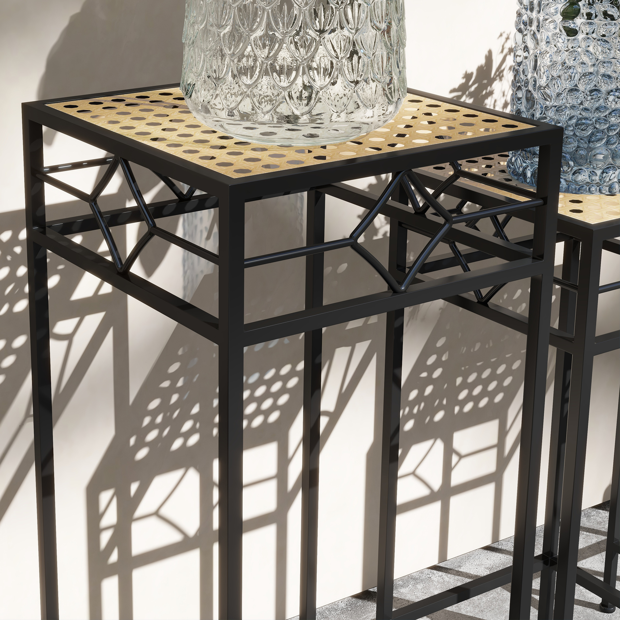 Blumenständer, 3er-Set, rund, stapelbar, Rattanoptik, Metallbeine, In- und Outdoor, Schwarz/Gold