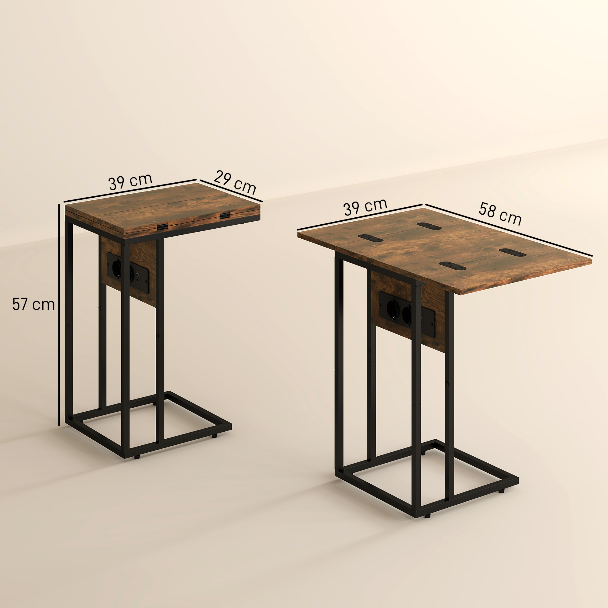 Klappbarer Beistelltisch, Ladestation mit USB-Ports, Metall, 39 x 29 x 57 cm, Braun