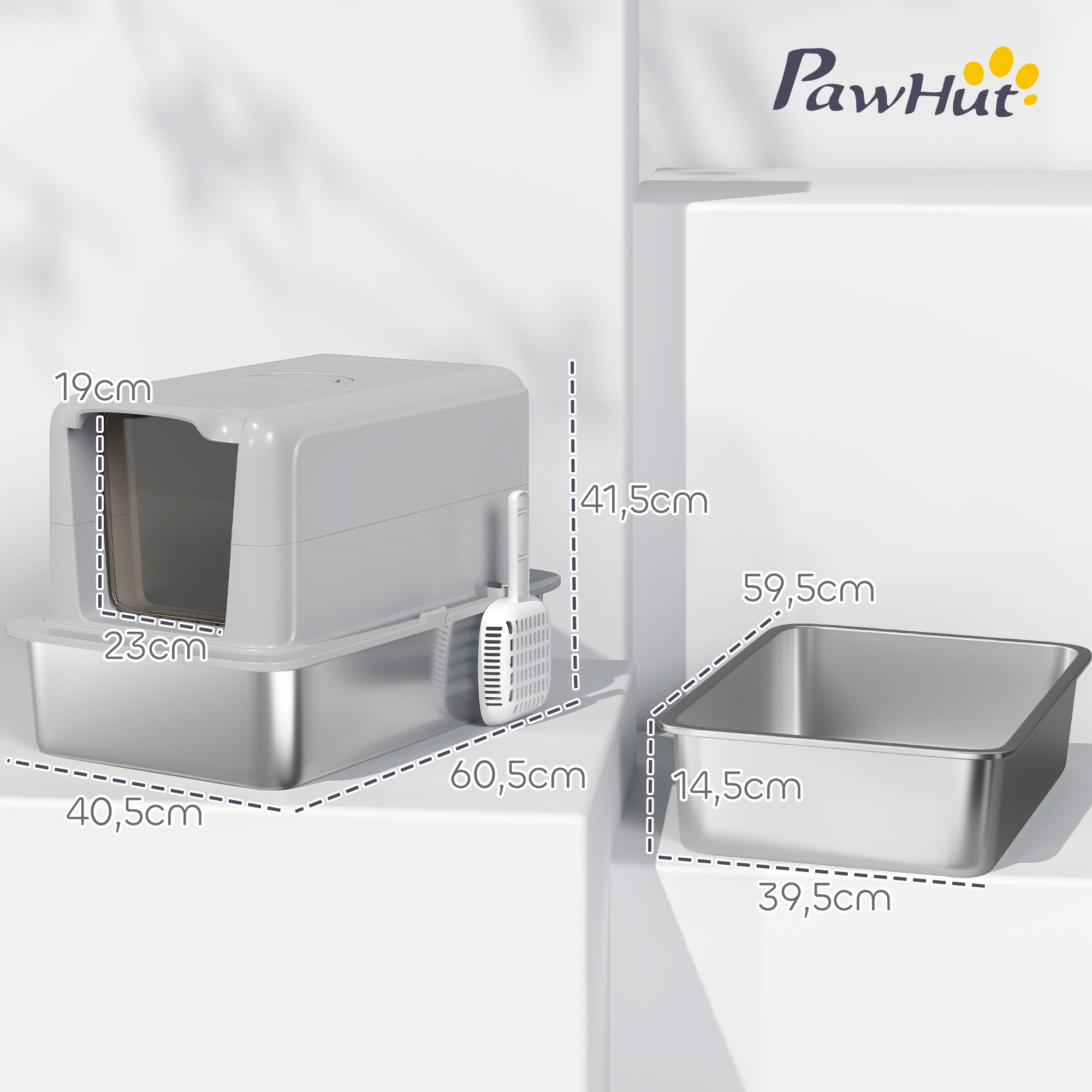 Katzentoilette, Wanne aus Edelstahl, Filter, Schaufel, für Katzen bis 6 kg, 40,5 x 60,5 x 41,5 cm, Grau/Silber