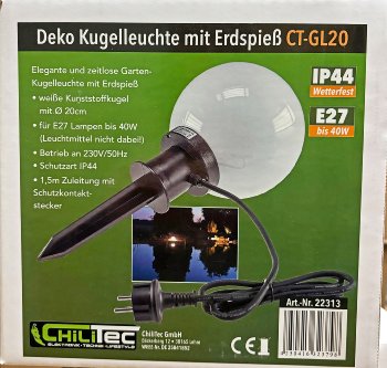 Garten Kugelleuchte Erdspieß "CT-GL20cm" / IP44, 230V, 1,5m Kabel, E27 Fassung