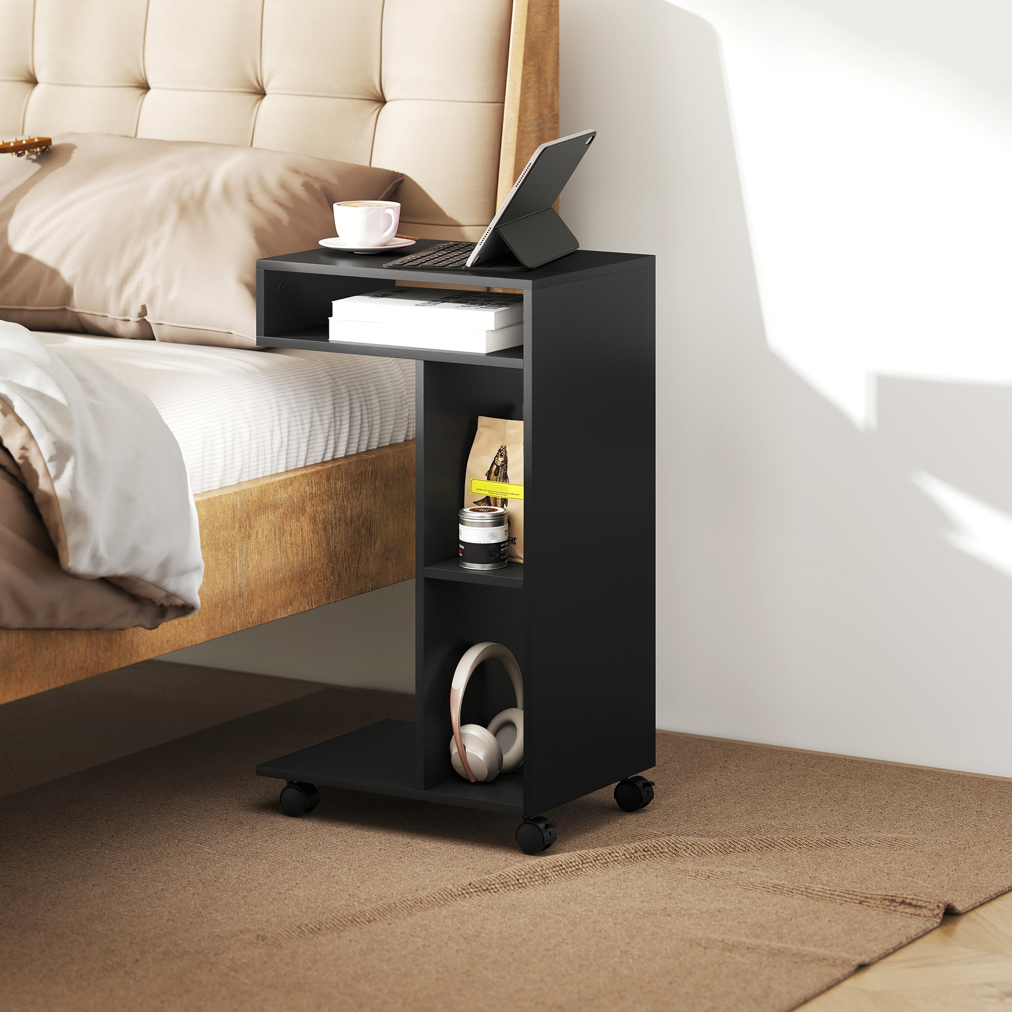Beistelltisch, C-förmiger Servierwagen, 4 Rollen, 3 Fächer, 40 x 30 x 69 cm, Schwarz