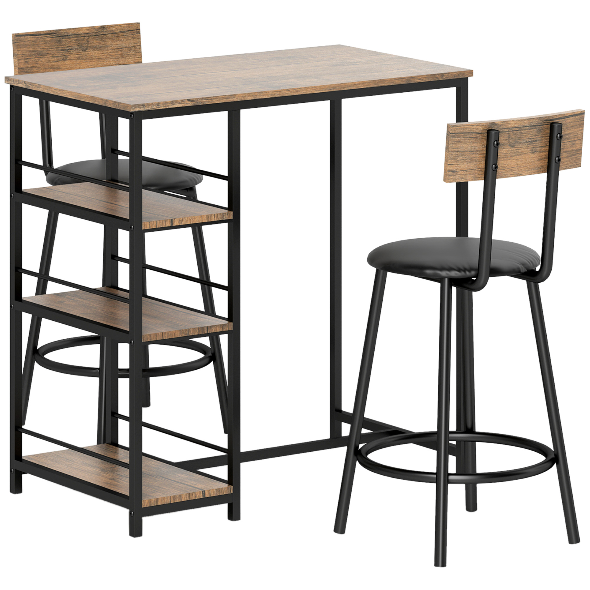 3-teiliges Ess-Set mit Bartisch und 2 Stühlen, Kleines Küchenset mit seitlichen Regalen, MDF, Metall, Schwarz