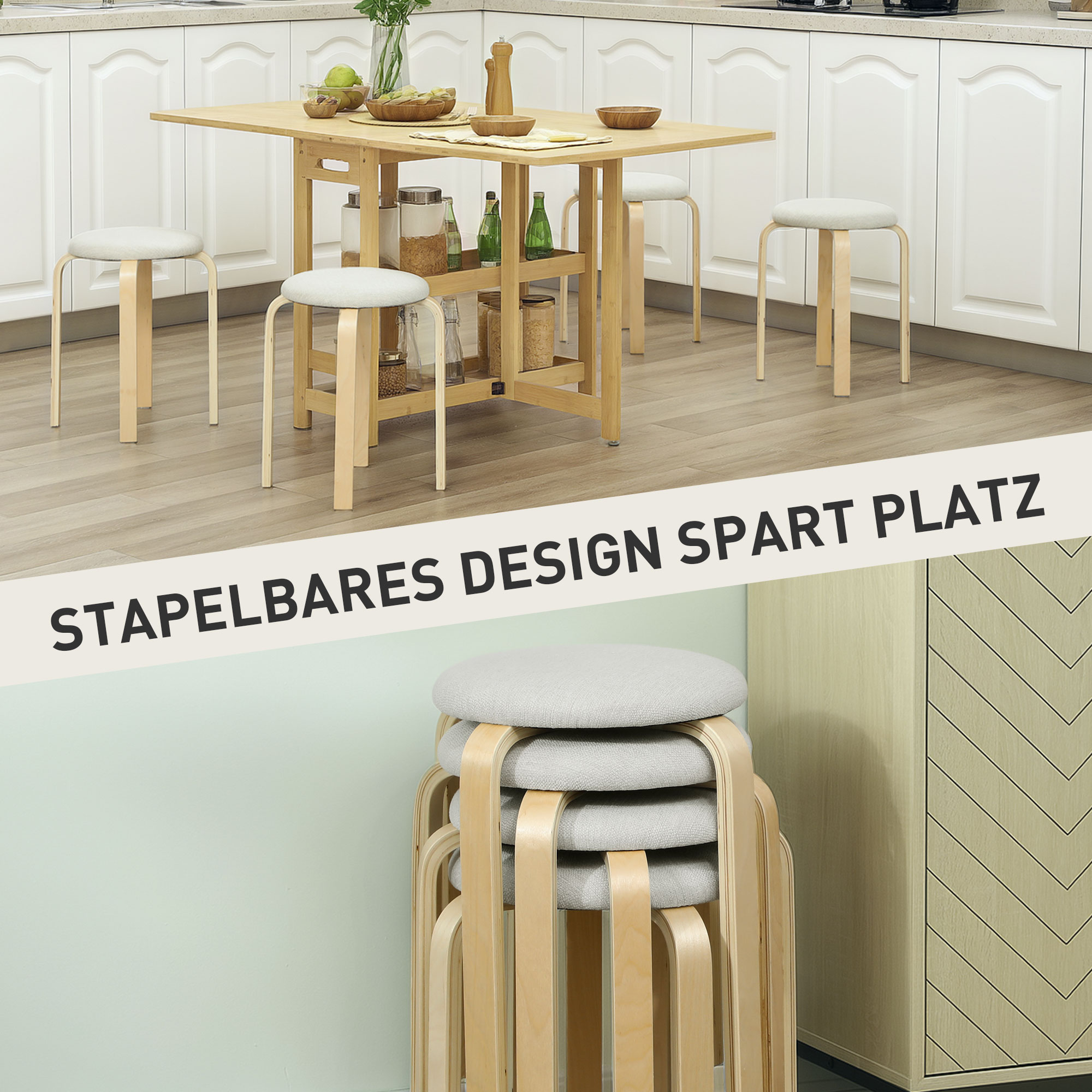 Polsterhocker im 4er-Set, stapelbar, lackierte Oberfläche, Holzbeine, Cremeweiß
