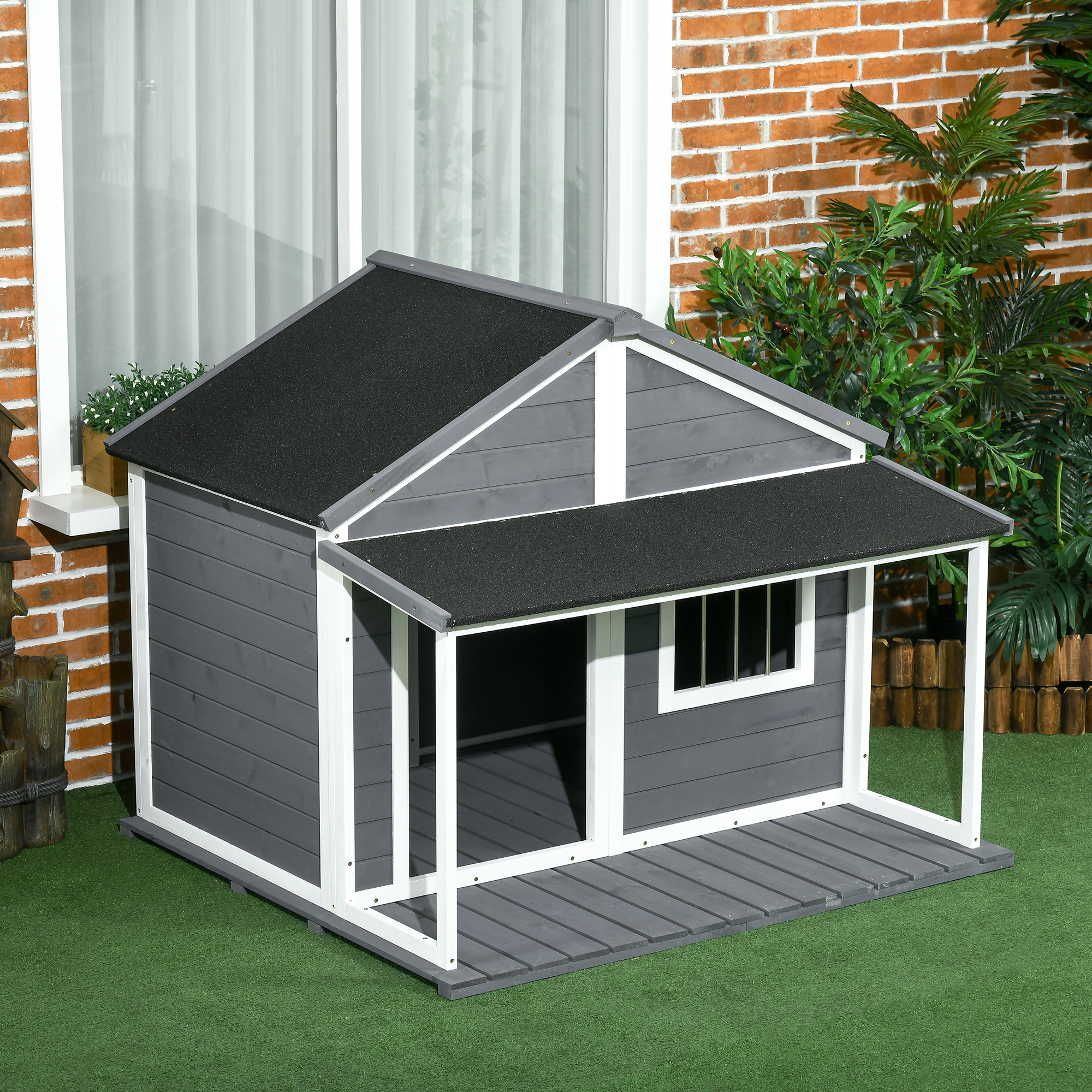 Hundehütte Outdoor-Hundehütte, inkl. Veranda, wetterbeständig, 124 cm x 112 cm x 105 cm, Grau + Weiß
