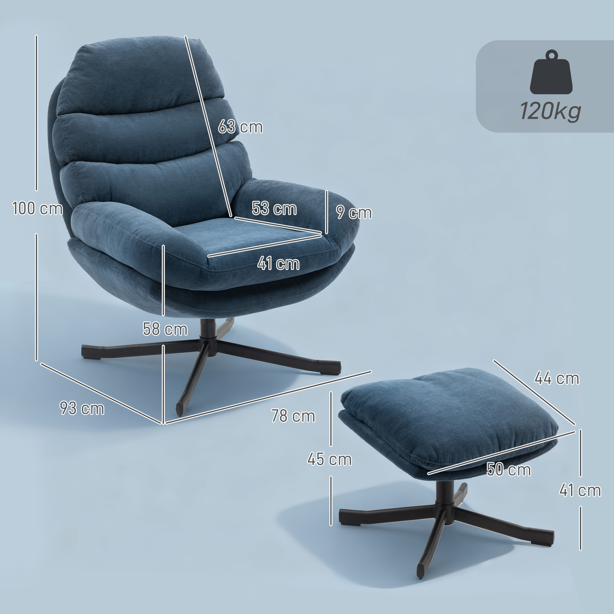 Relaxsessel mit Hocker Sessel Loungesessel mit Chenille-Stoff, Modern Fernsehsessel, 78 x 93 x 100 cm, Blau