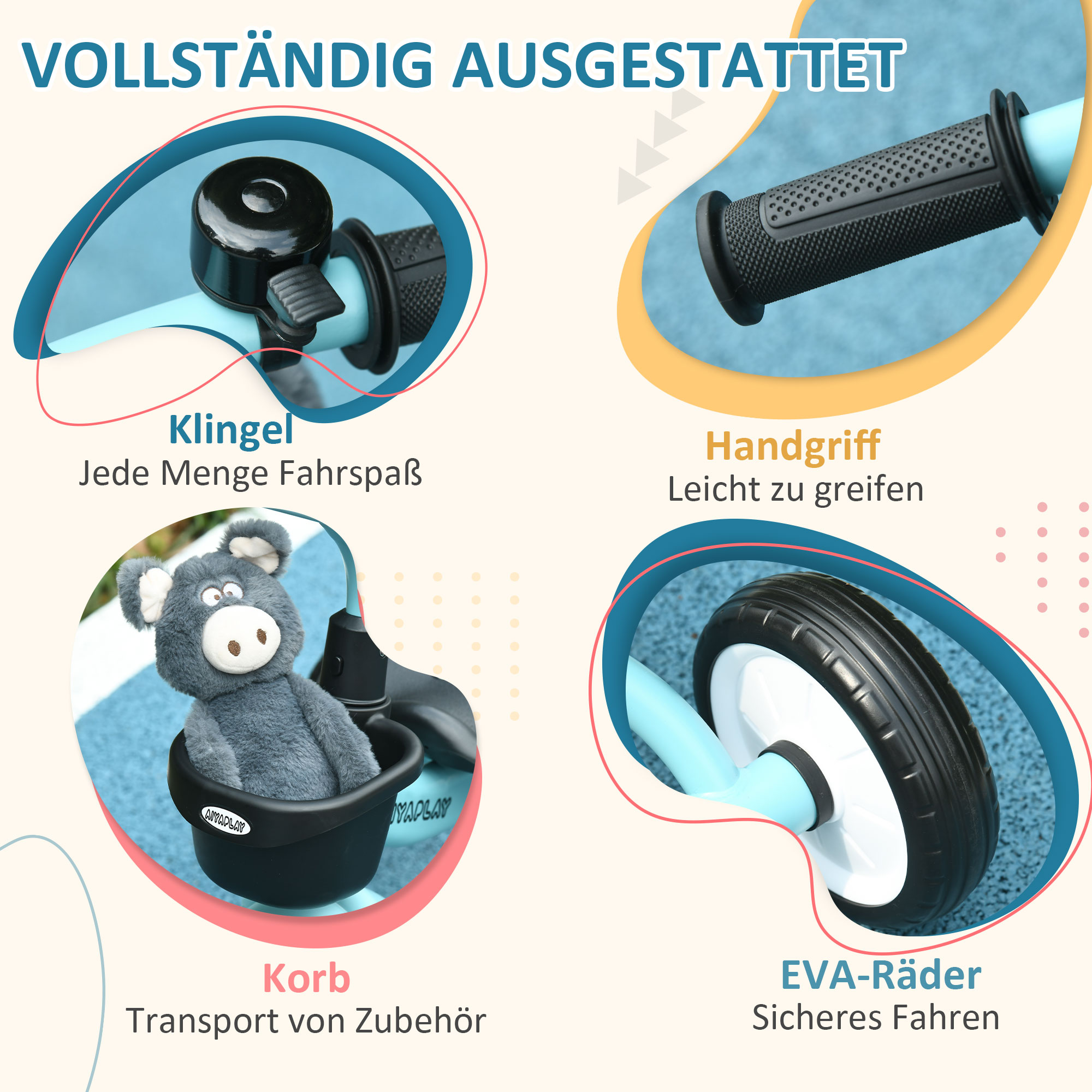 Dreirad für Kinder 2-5 Jahre, höhenverstellbarer Sitz, Klingel, Fahrradkorb, Metallrahmen, blau