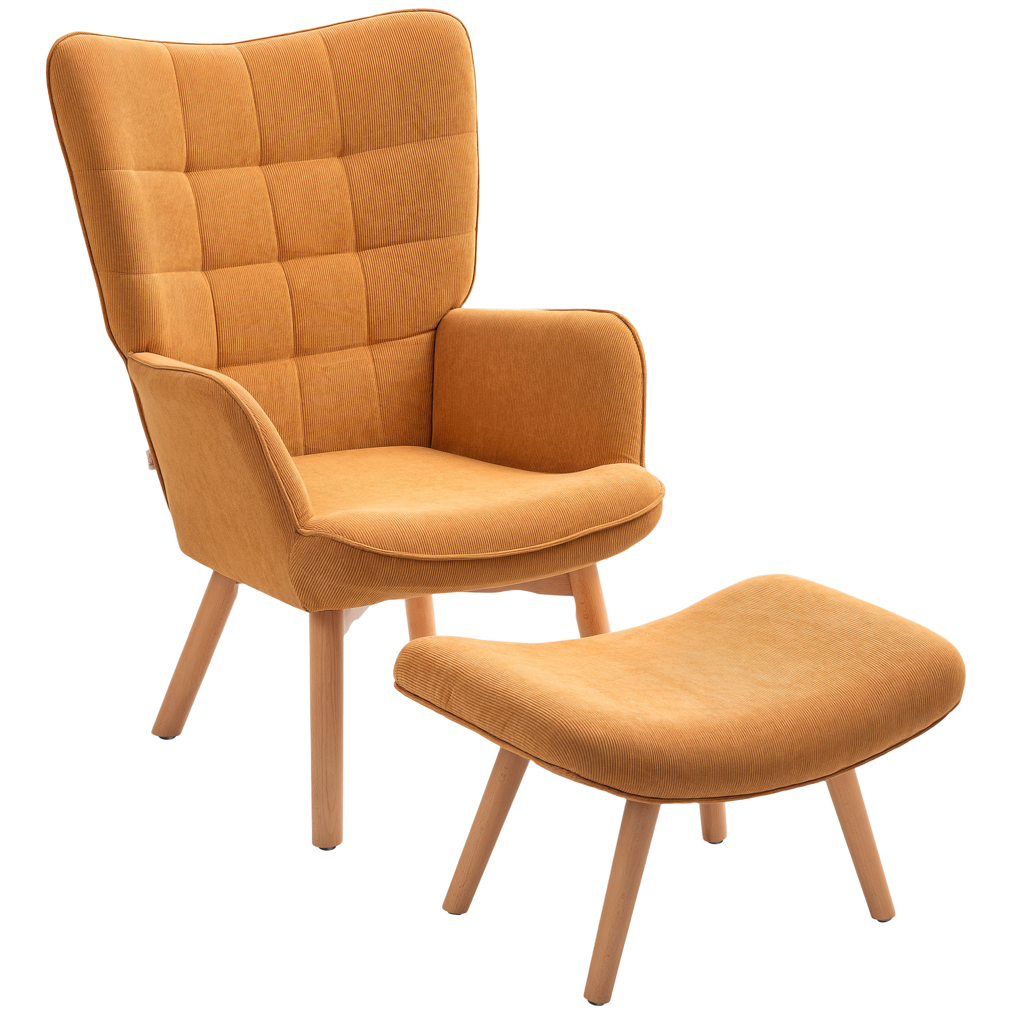 Akzentsessel mit Hocker, Relaxsessel in Cord-Optik, Armlehnstuhl mit Holzbeinen, für Wohnzimmer, Braun