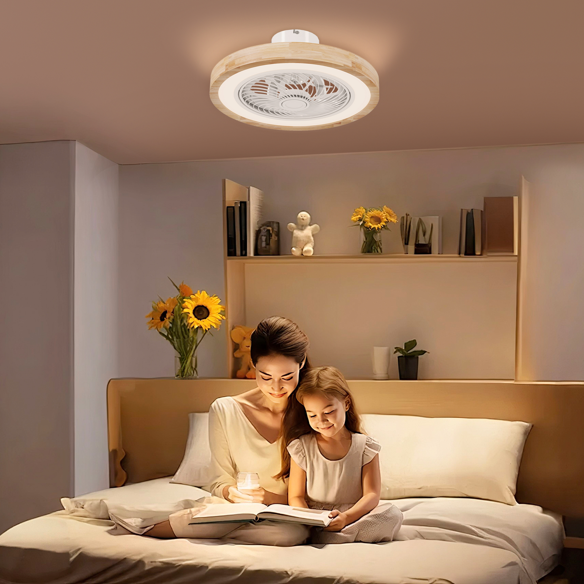 Deckenventilator mit Lampe und Fernbedienung, 6 Geschwindigkeiten, einstellbare Helligkeit, leiser Motor, Hellbraun