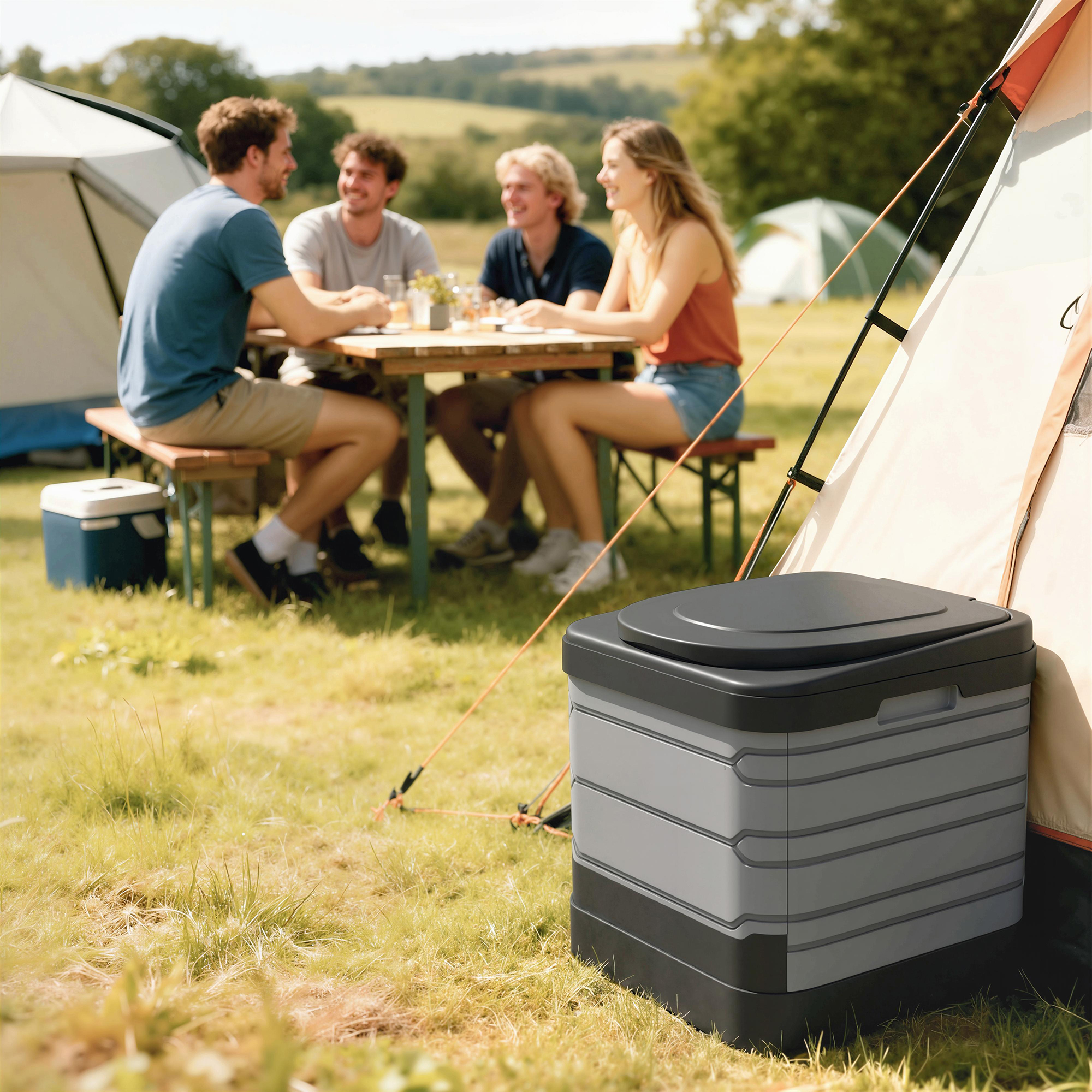 Campingtoilette Faltbare Reisetoilette bis 150 kg mit 12 Gerinnungspulver-Päckchen 12 Entsorgungsbeuteln 42 x 46 x 43,5 cm Grau