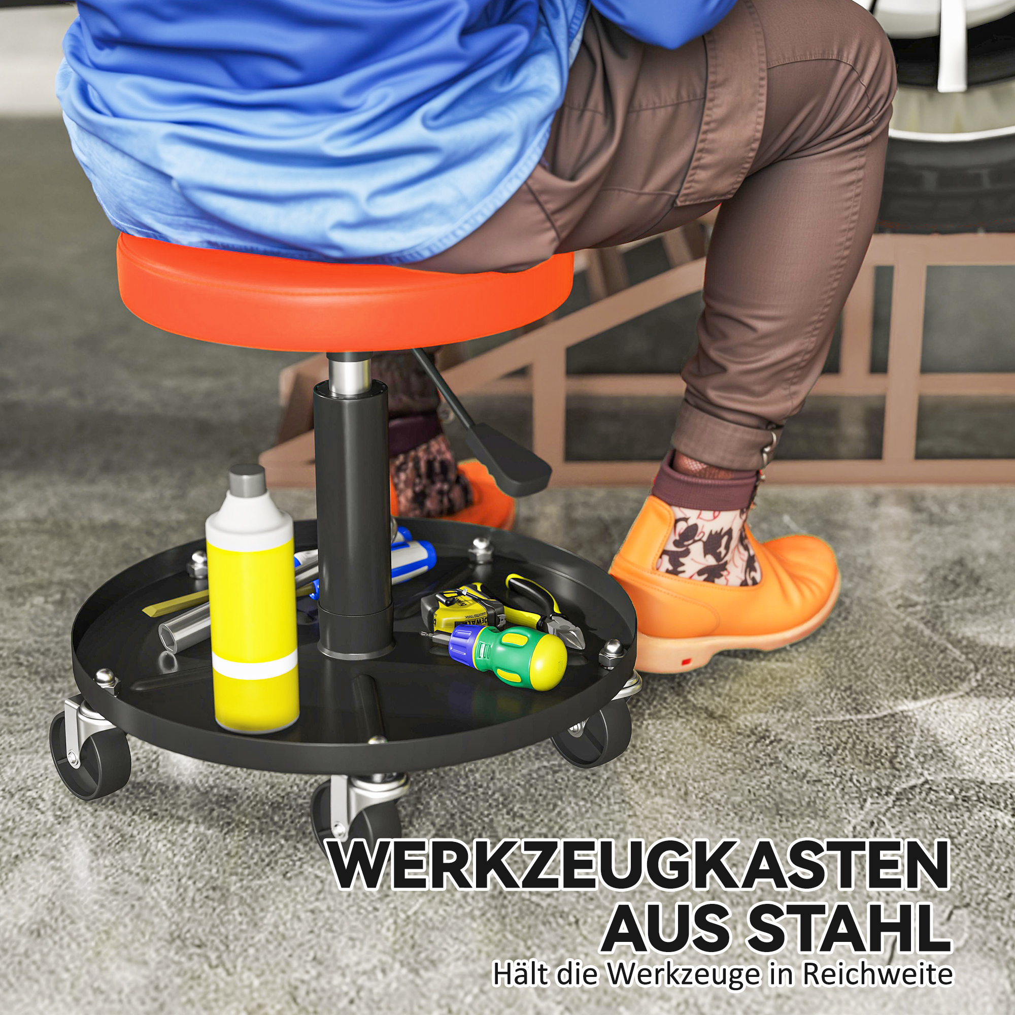 Werkstatthocker mit Rollen Ablagefläche höhenverstellbar 38-50cm bis 135 kg belastbar Orange