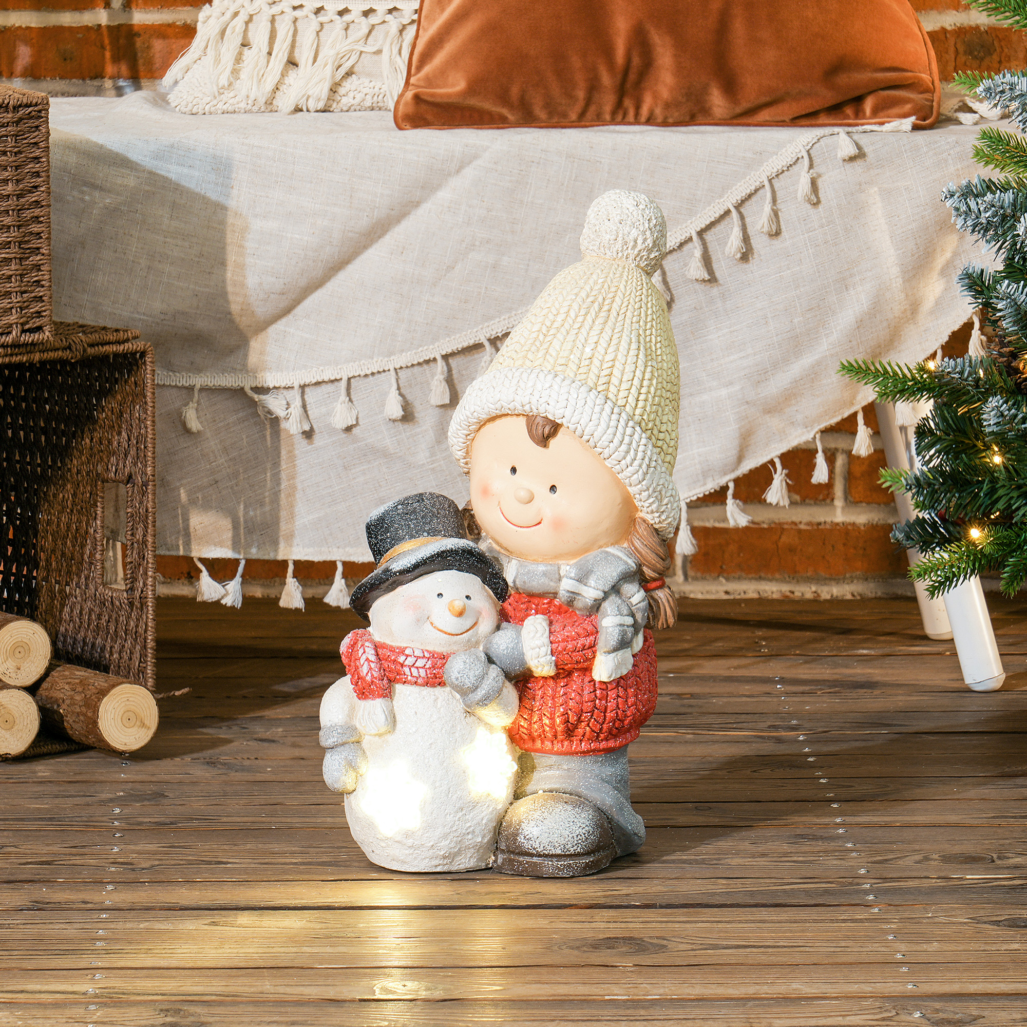 Wichtel mit Schneemann, Gartenzwerg, 4 LEDs, batteriebetrieben, 25 x 18 x 45,5 cm