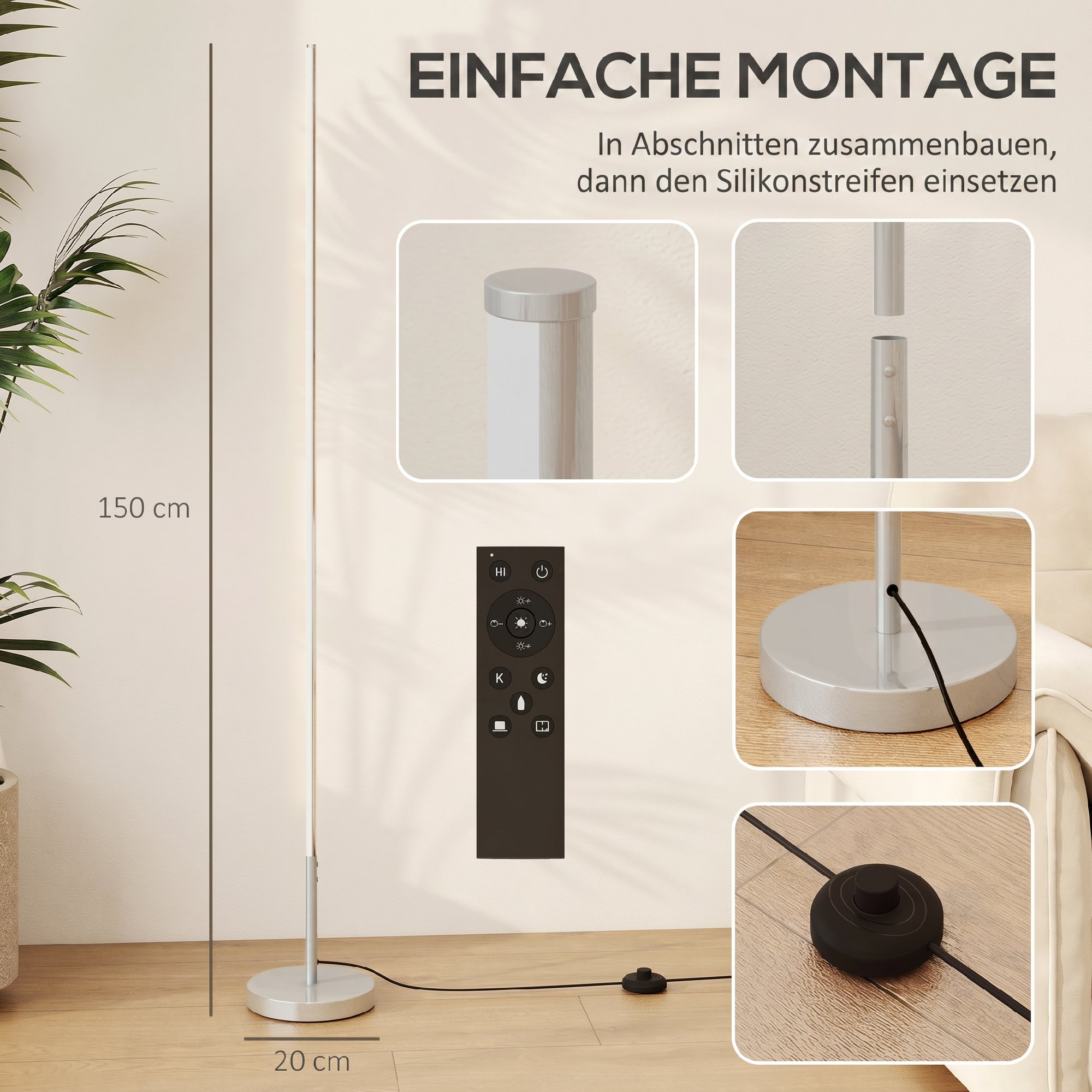 LED Stehlampe Wohnzimmer mit einstellbarer Farbtemperatur für Schlafzimmer, Büro, 20 x 20 x 150 cm