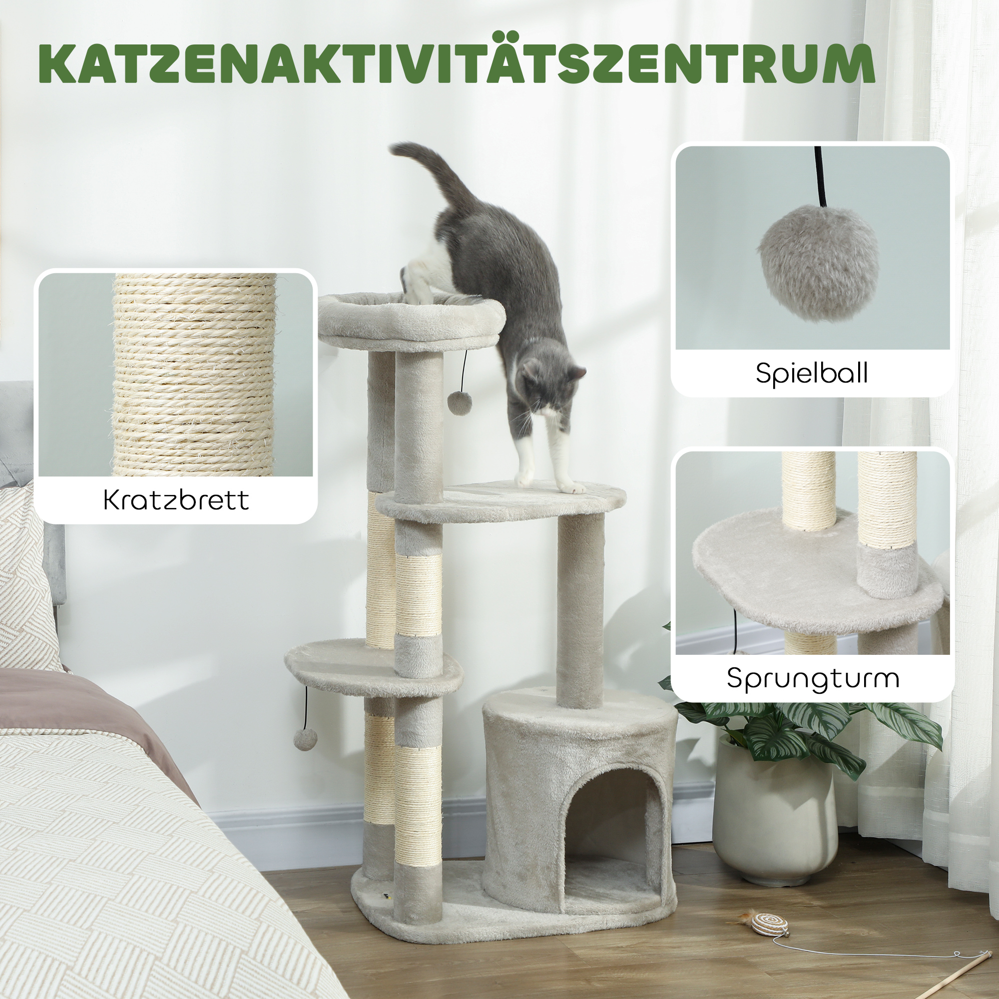 Kratzbaum 114 cm Katzenturm mit Höhle, Sisalstämme, Plattform, mehrstöckig ür mittelgroße Katzen unter 6 kg, Hellgrau