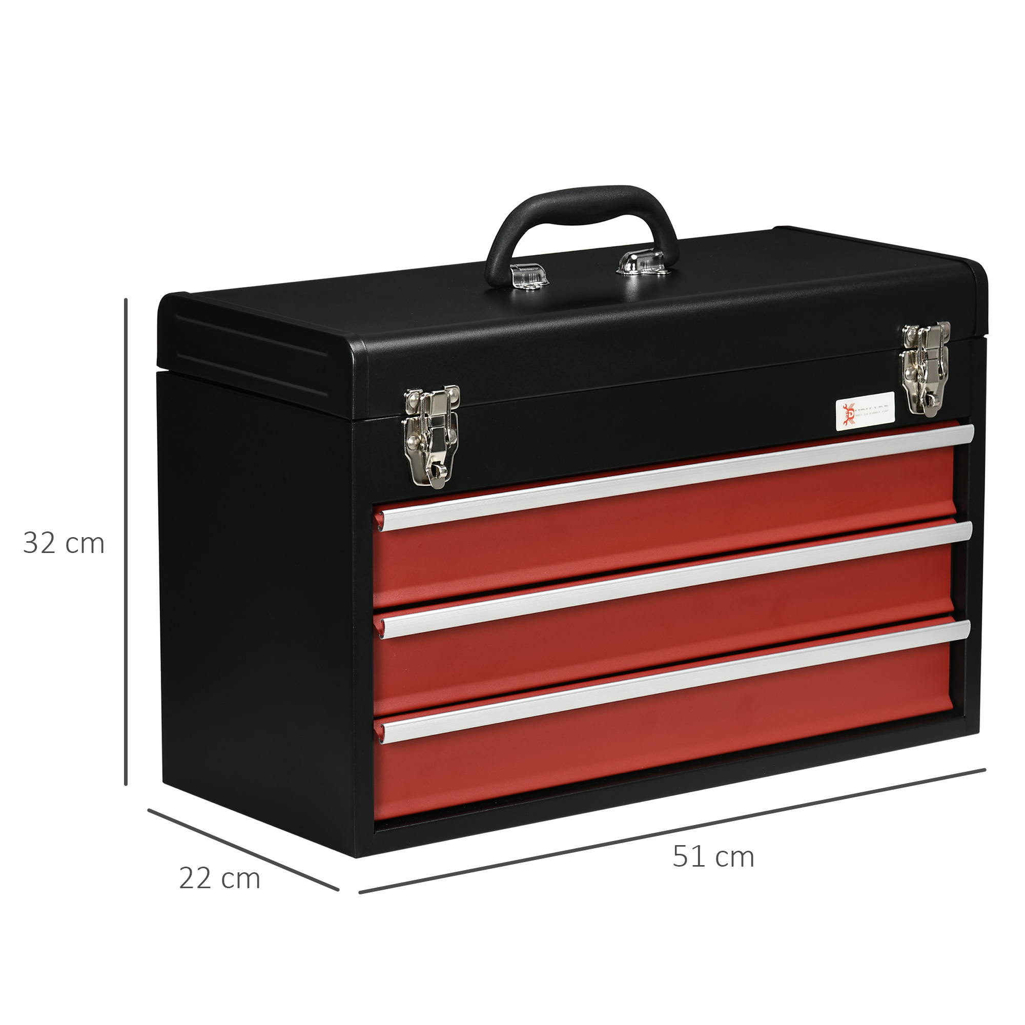 Werkzeugkoffer, Werkzeugkasten, 3 Schubladen, abschließbar, Stahlgehäuse, schwarz+rot, 51 x 22 x 32 cm
