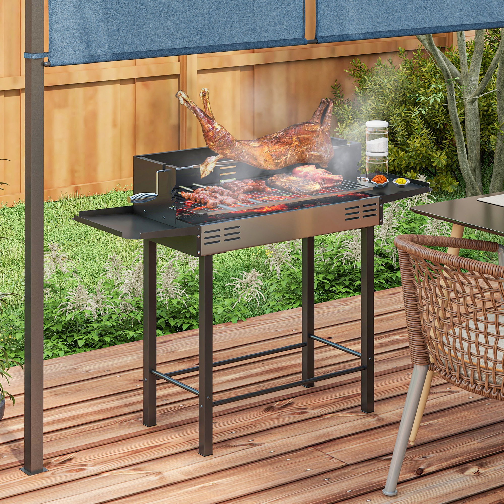 Holzkohlegrill Grill BBQ-Grill, verstellbares Rost, 1 Drehspieß, 118 x 32 x 90 cm, Schwarz + Silber