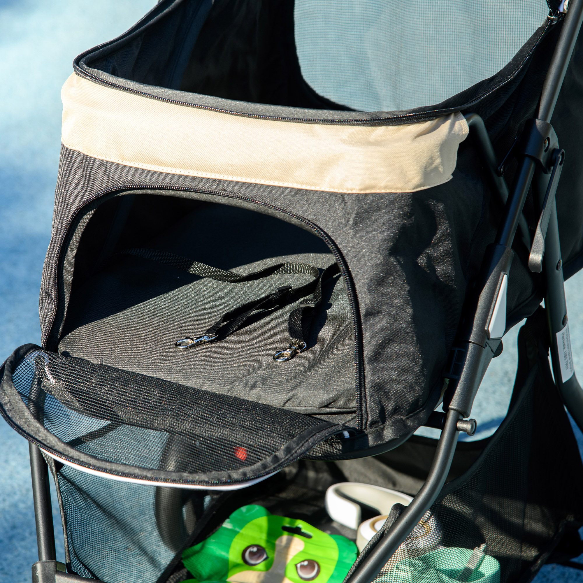 Haustierbuggy Hundebuggy, klappbar, mit Regenschutz, 2 Getränkehalter, Blau +  Khaki