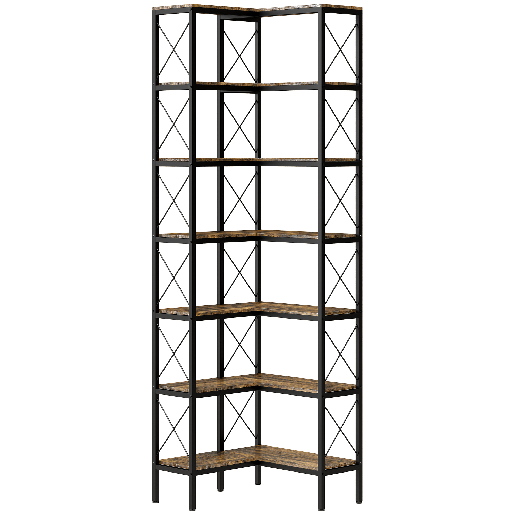 6-stufiges L-förmiges Bücherregal, freistehendes Eckregal mit Metallrahmen, rustikal braun, 60 x 60 x 200 cm