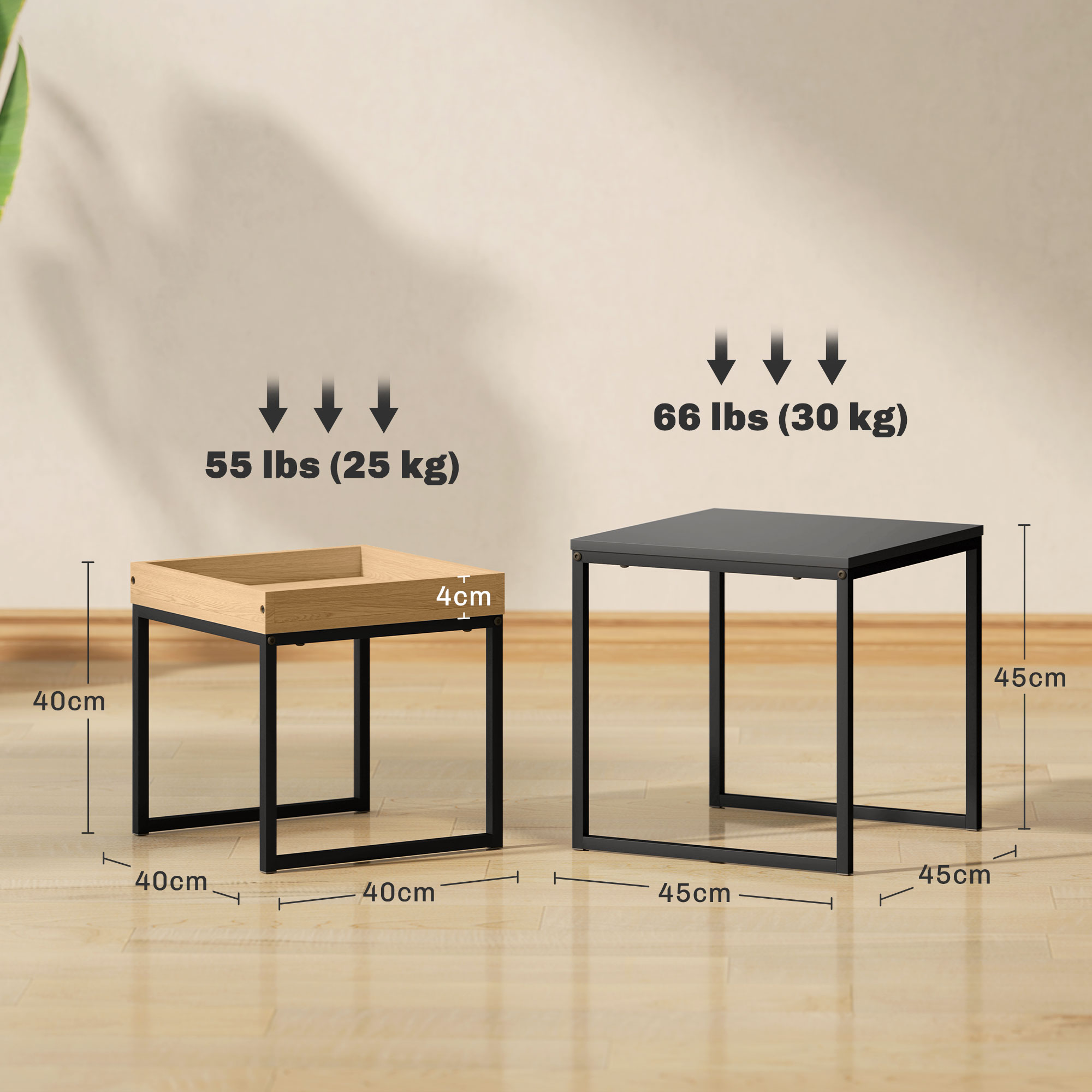 moderner Couchtisch, 2er-Set Sofatisch, für kleine Räume, Quadratisch, MDF, Metall, Schwarz