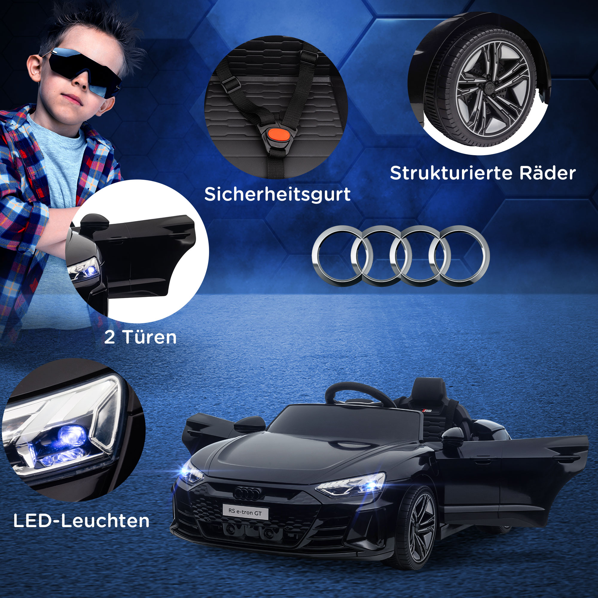 Kinderfahrzeug Audi lizenziert, mit Sicherheitsgurt, Fernbedienung, Licht, schwarz, 103 x 58 x 41cm