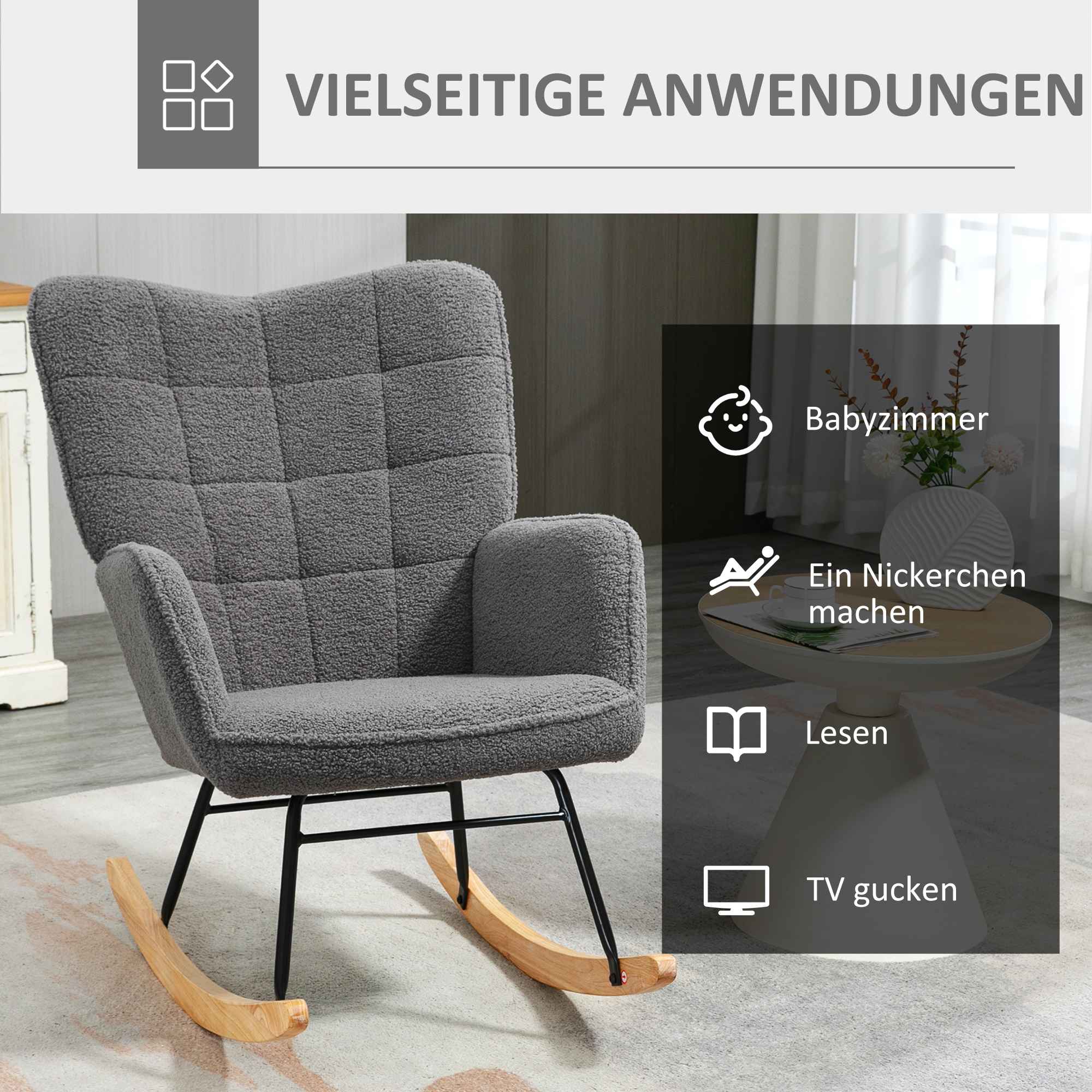 Schaukelstuhl im Retro-Design, Massivholz, Sessel, Relaxsessel, 98 cm x  71 cm x 101 cm, Dunkelgrau