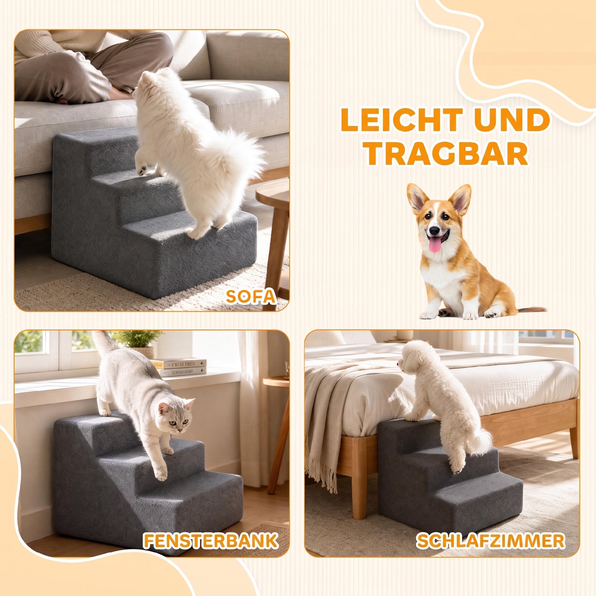 Hundetreppe 3-Stufig Abnehmbarer Bezug Für Kleine Hunde 35 cm Dunkelgrau