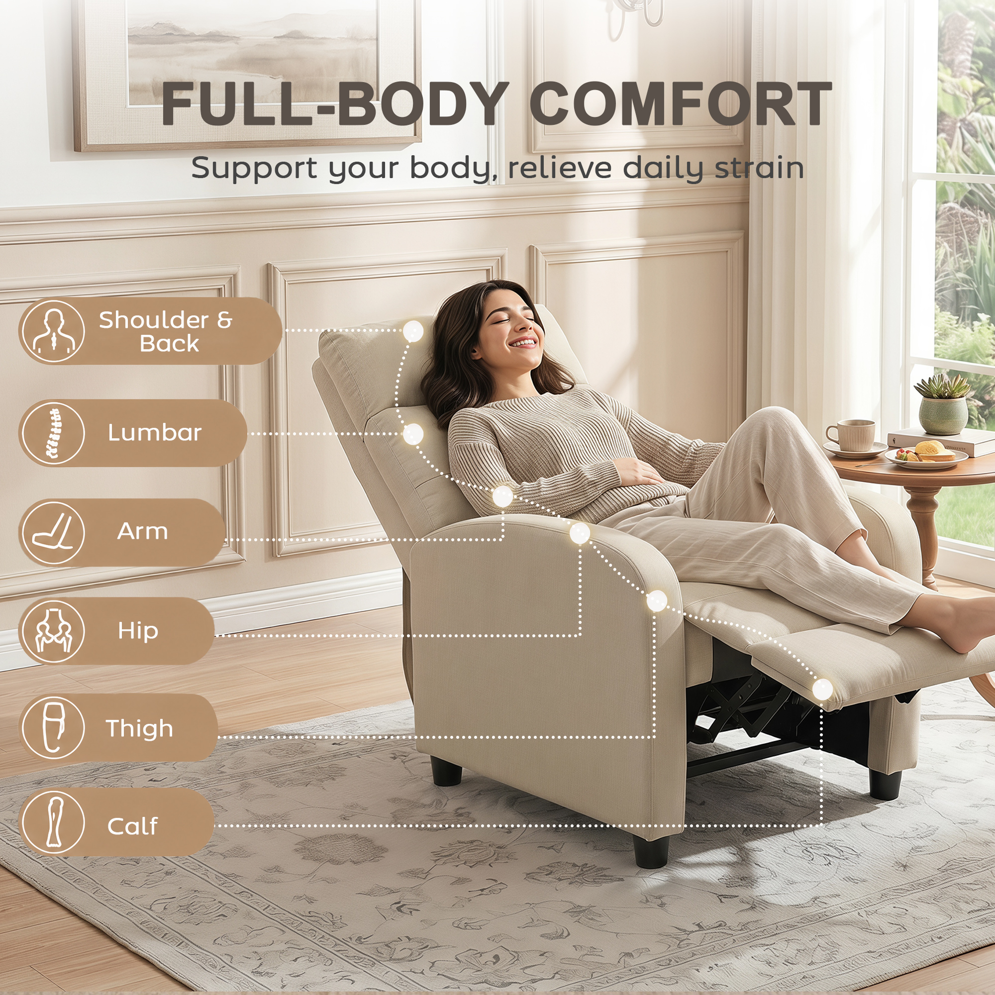 Relaxsessel mit Liegefunktion, ausfahrbares Fußteil, Taschenfederkern, bis 150 kg, Beige