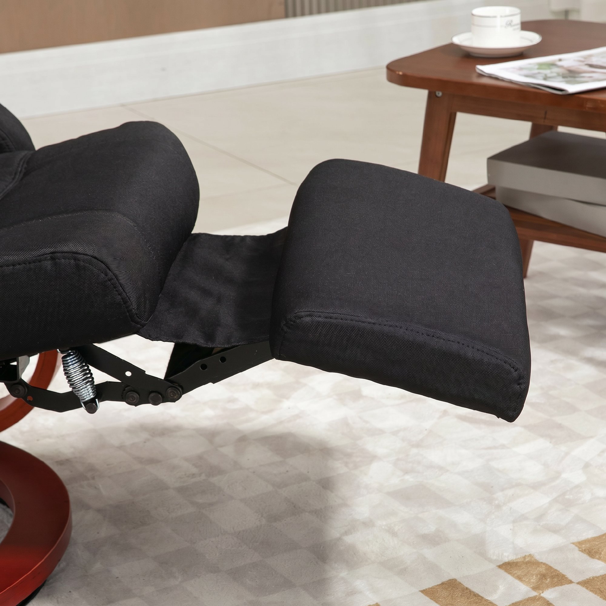 Relaxsessel mit Liegefunktion Fernsehsessel mit hoher Rückenlehne ergonomische Armlehne Fußstütze Holzbasis Leinenoptik