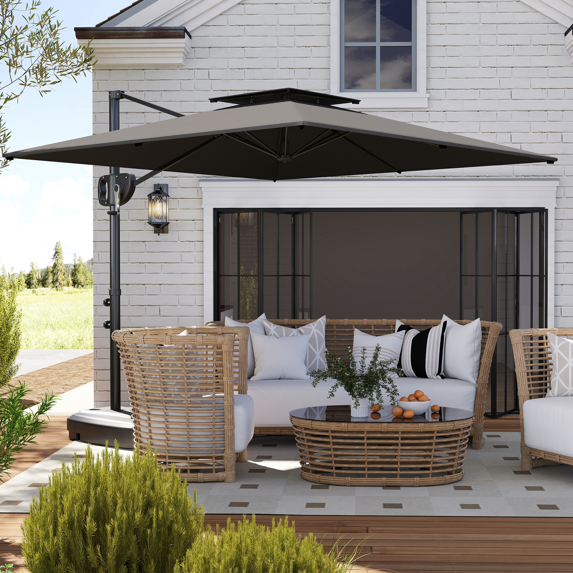 Ampelschirm 247 x 247cm neigbar Sonnenschirm mit Doppeldach Kurbel Ständer Wasserabweisend Dunkelgrau