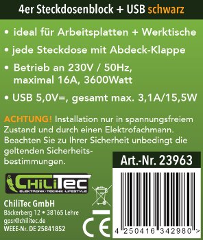 4-fach Steckdosenblock, USB-A+C, schwarz, 250V~/ 16A, USB 3,1A, PD, mit Klappen