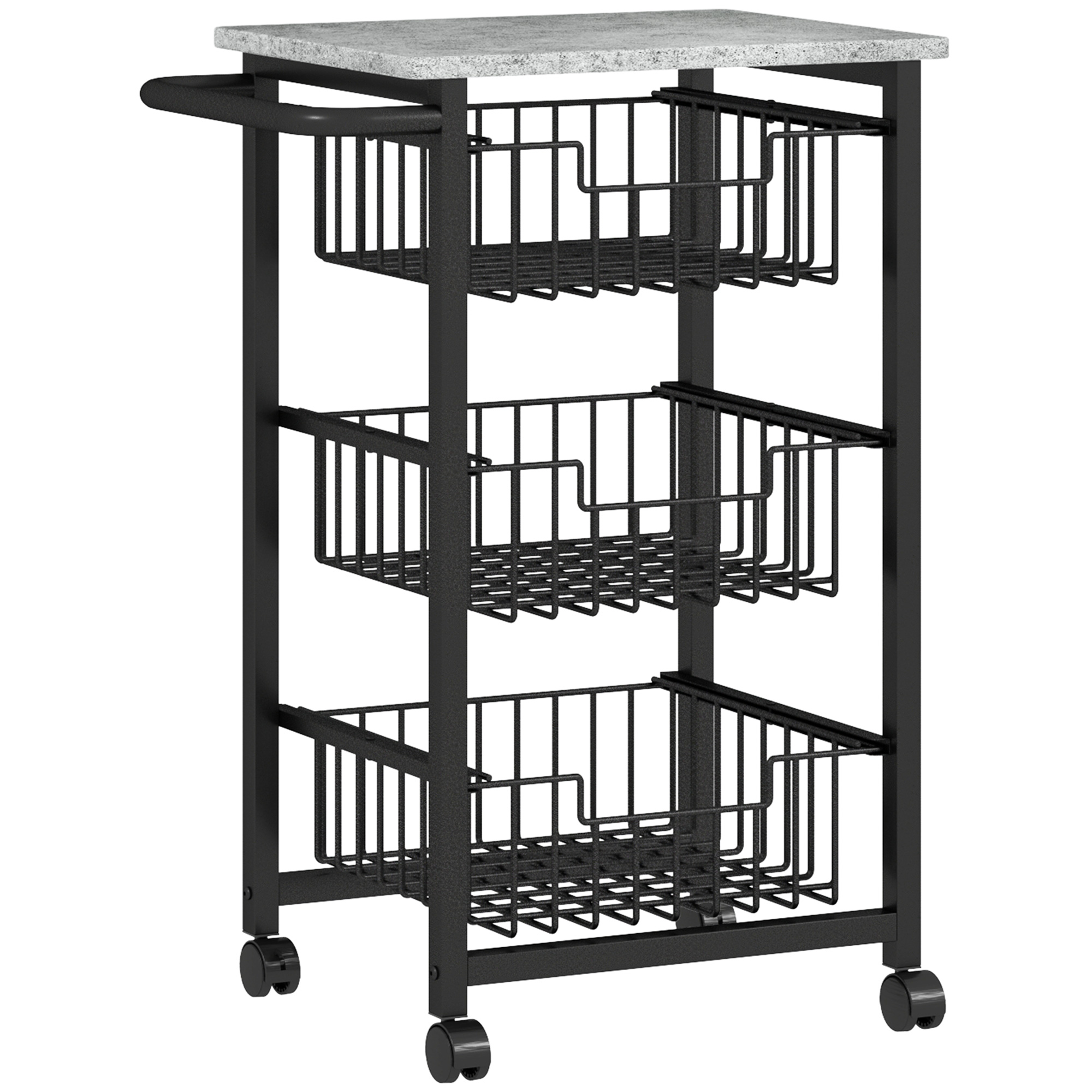 3-stufige Küchenwagen auf Rädern, Rollbarer Servierwagen, Küchen-Trolley mit 3 Stahlkörben, Servierwagen