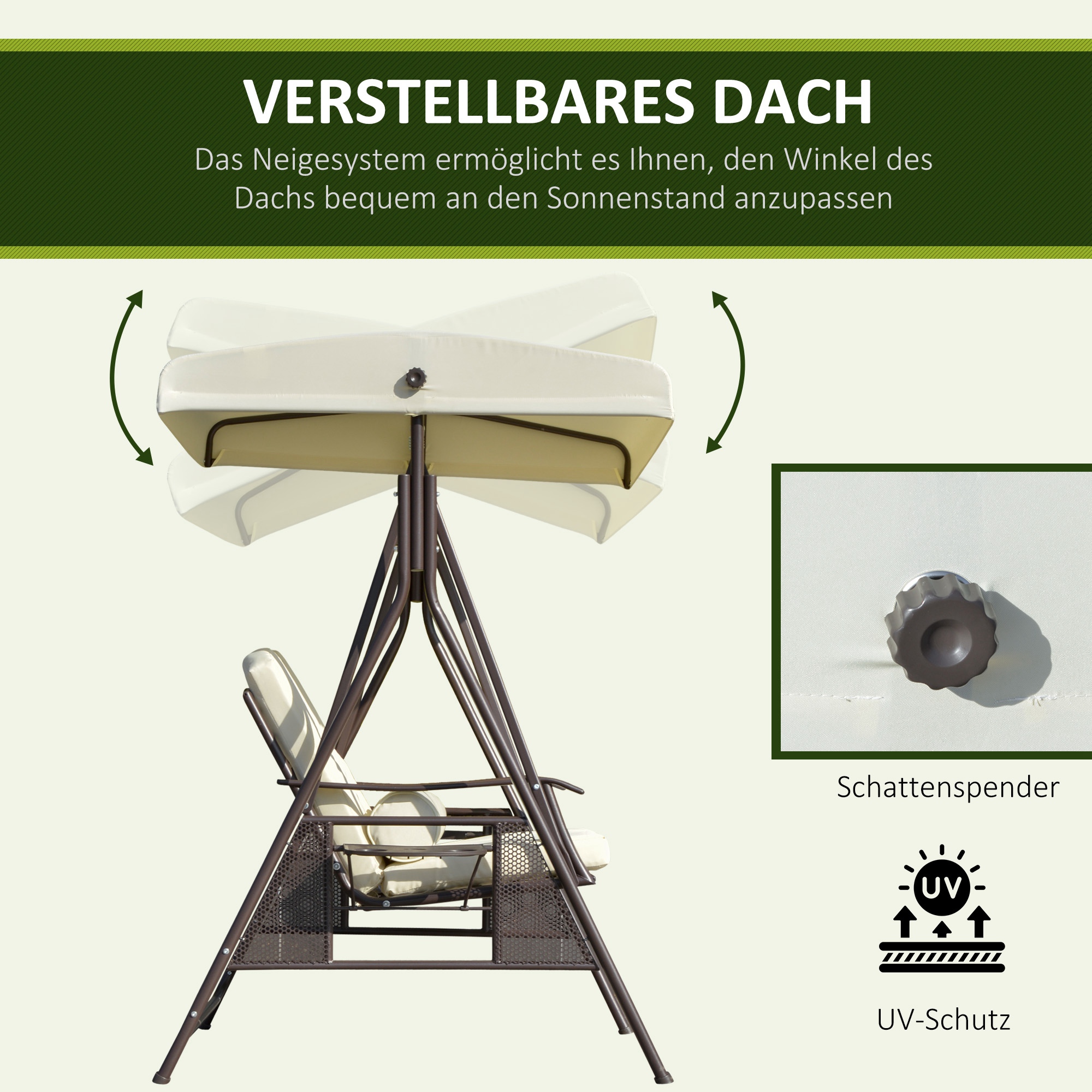 Hollywoodschaukel 2-Sitzer-Hollywoodschaukel Gartenschaukel, wetterbeständig, 2 Ablagen,  Weiß + Schwarz