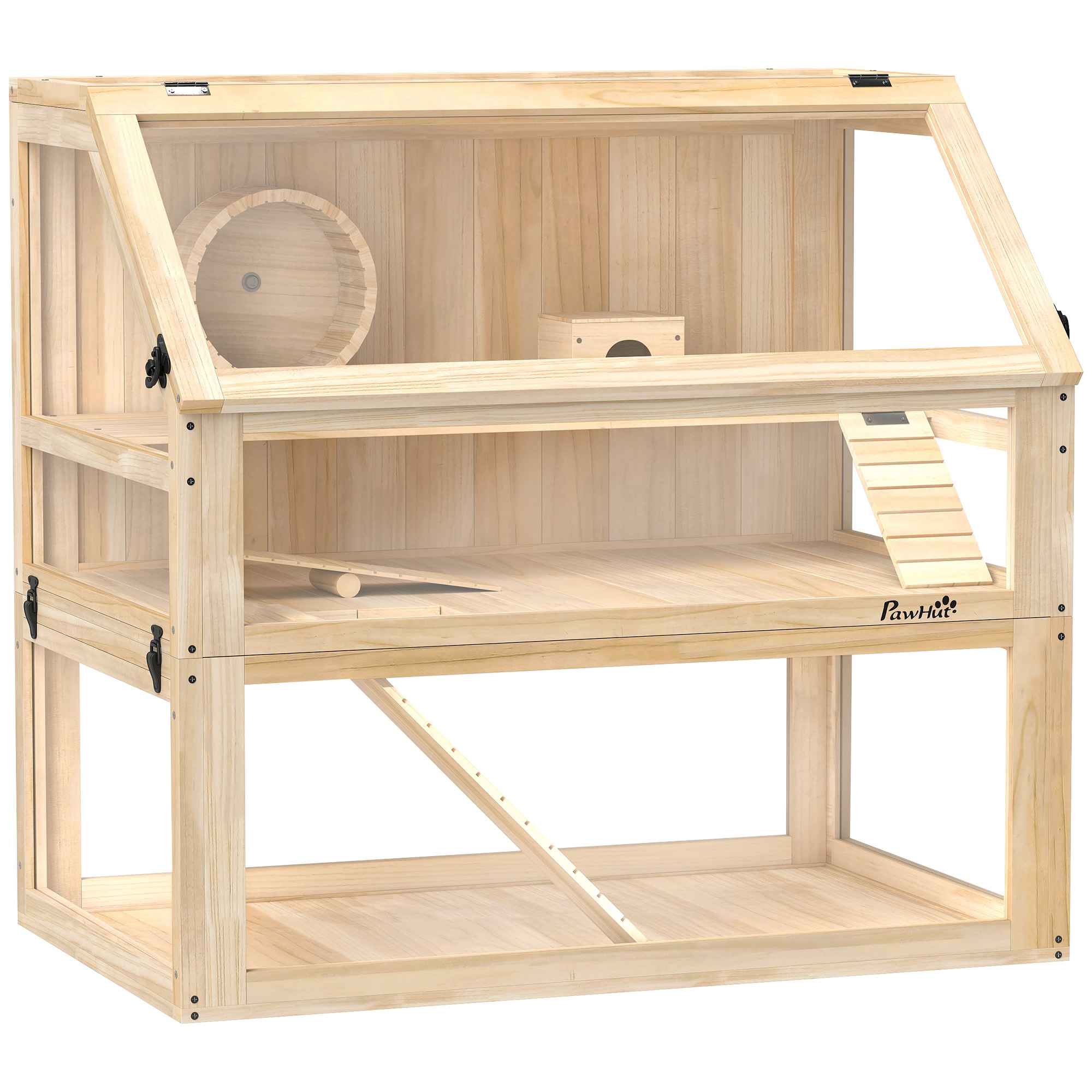 Hamsterkäfig aus Holz 3 Etagen Nagarium Nagerkäfig mit klappbarem Deckel Laufrad 80 x 50 x 76 cm Naturholz