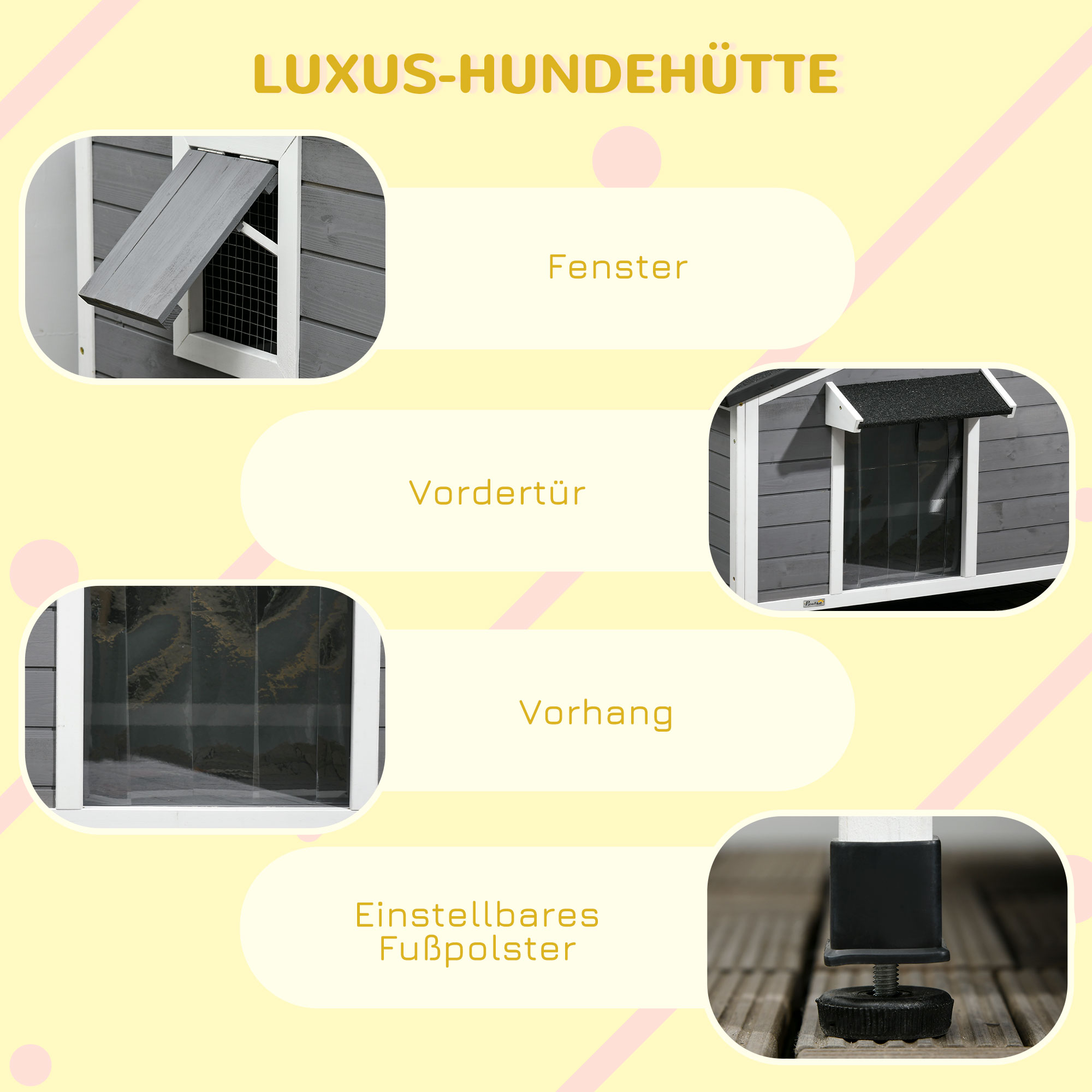 Hundehütte aus Massivholz, wetterbeständig, Asphaltdach, abnehmbarer Boden, 109 cm x 79 cm x 72 cm, Grau + Weiß