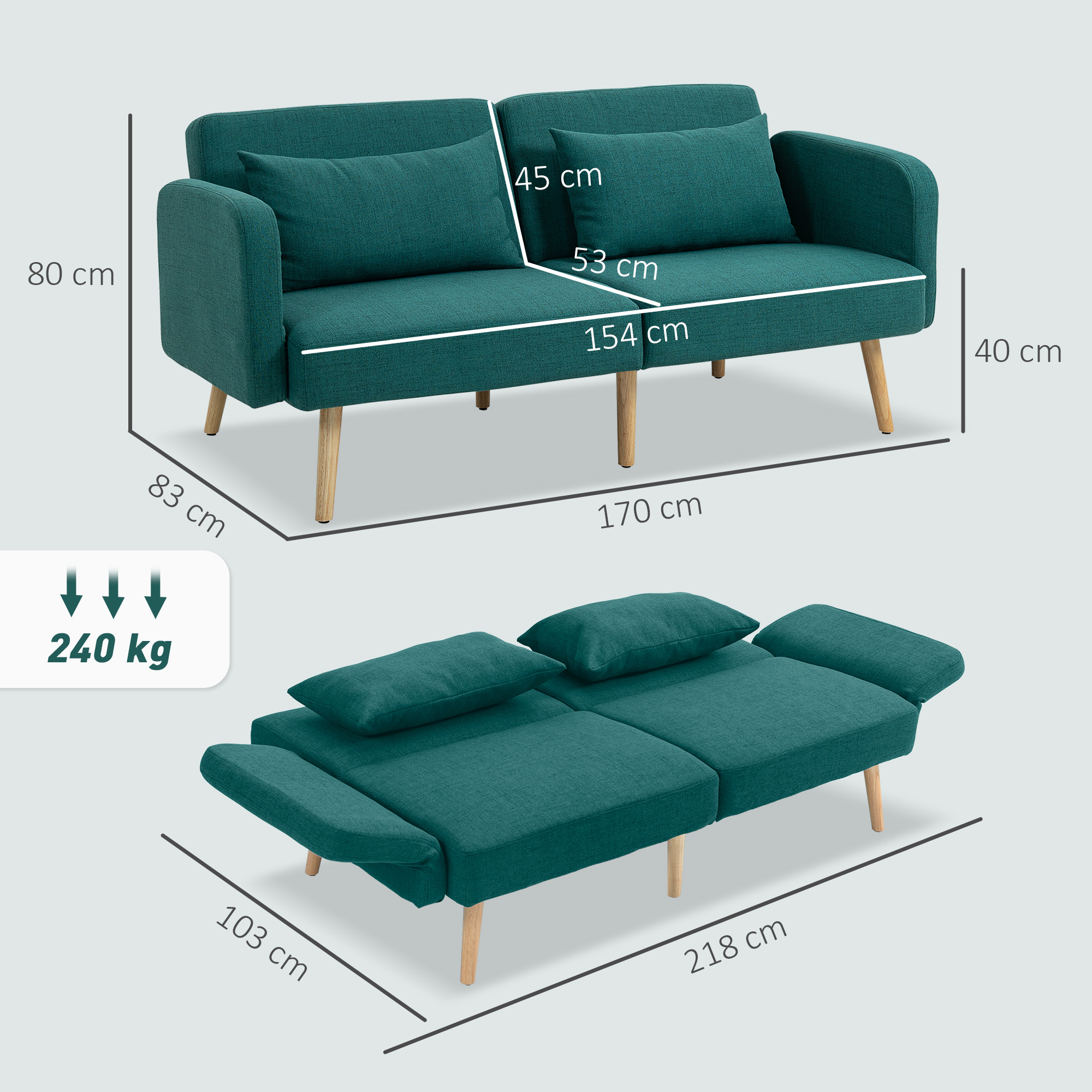 Schlafsofa, 3-Sitzer-Sofa mit Bettfunktion, 2 Kissen, Polstersofa mit verstellbarer Rückenlehne, Leinenoptik, Grün