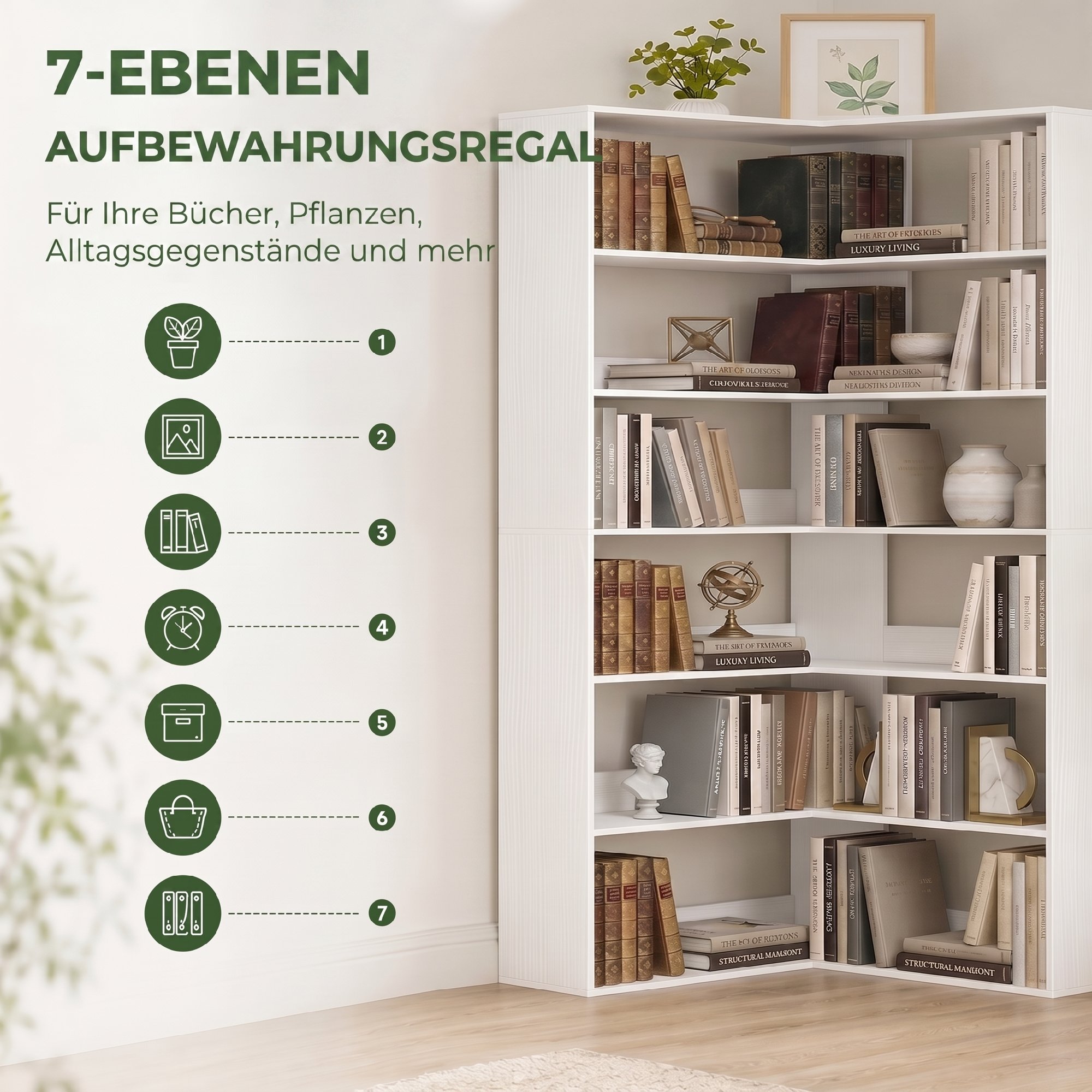 Bücherregal mit 7 Ebenen, L-förmiges Eckrega mit rutschfestem Rückenschutz, Weiß mit Holzoptik