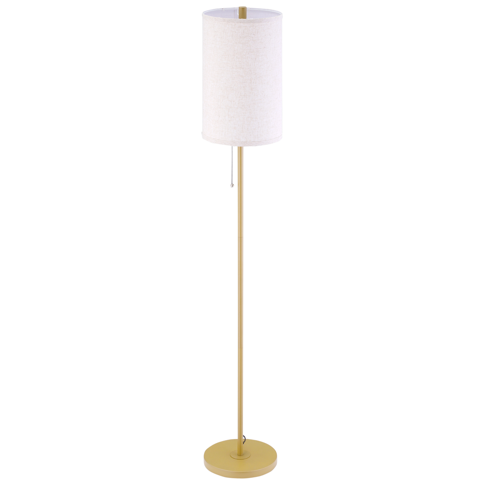 Stehlampe, elegante Stehleuchte aus Stahl mit Stoffschirm, Wohnzimmerlampe, Zugkettenschalter, gold+weiß