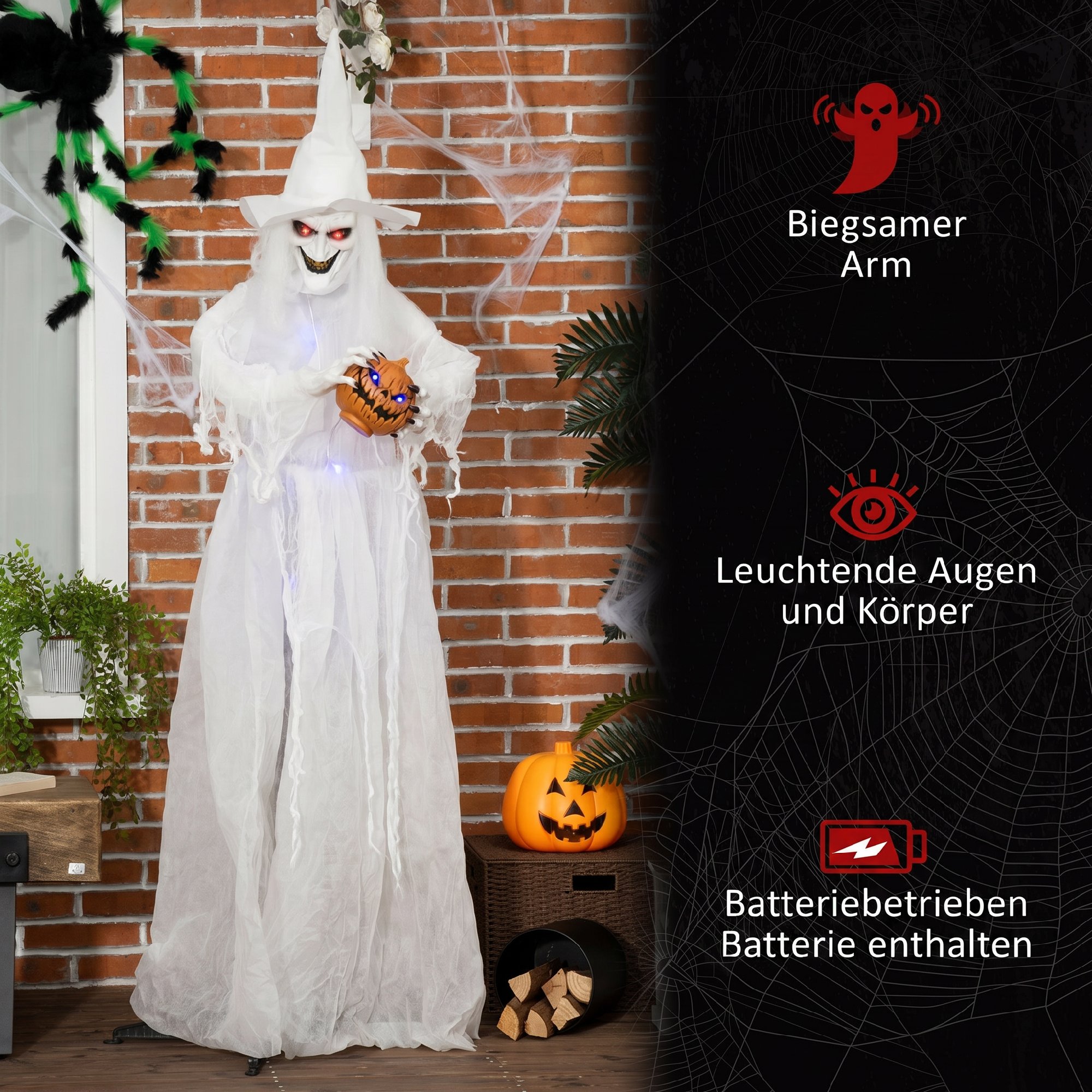 189 cm Weiße Hexe mit Kürbiskopf, lebensgroße Halloween-Außendekoration