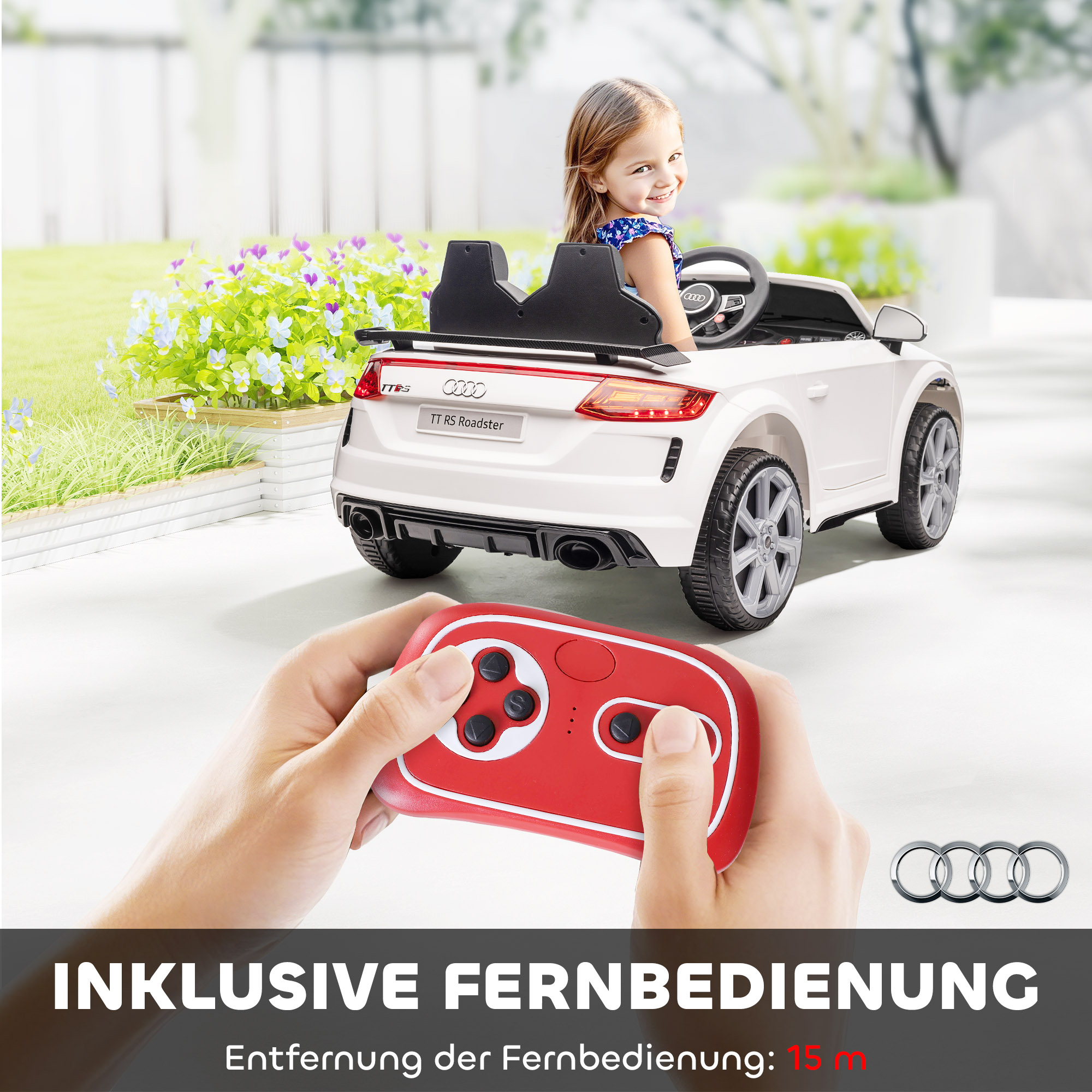 Kinder-Elektroauto, Audi TT RS Roadster, 3 km/h, Fernbedienung, LED, USB, Weiß