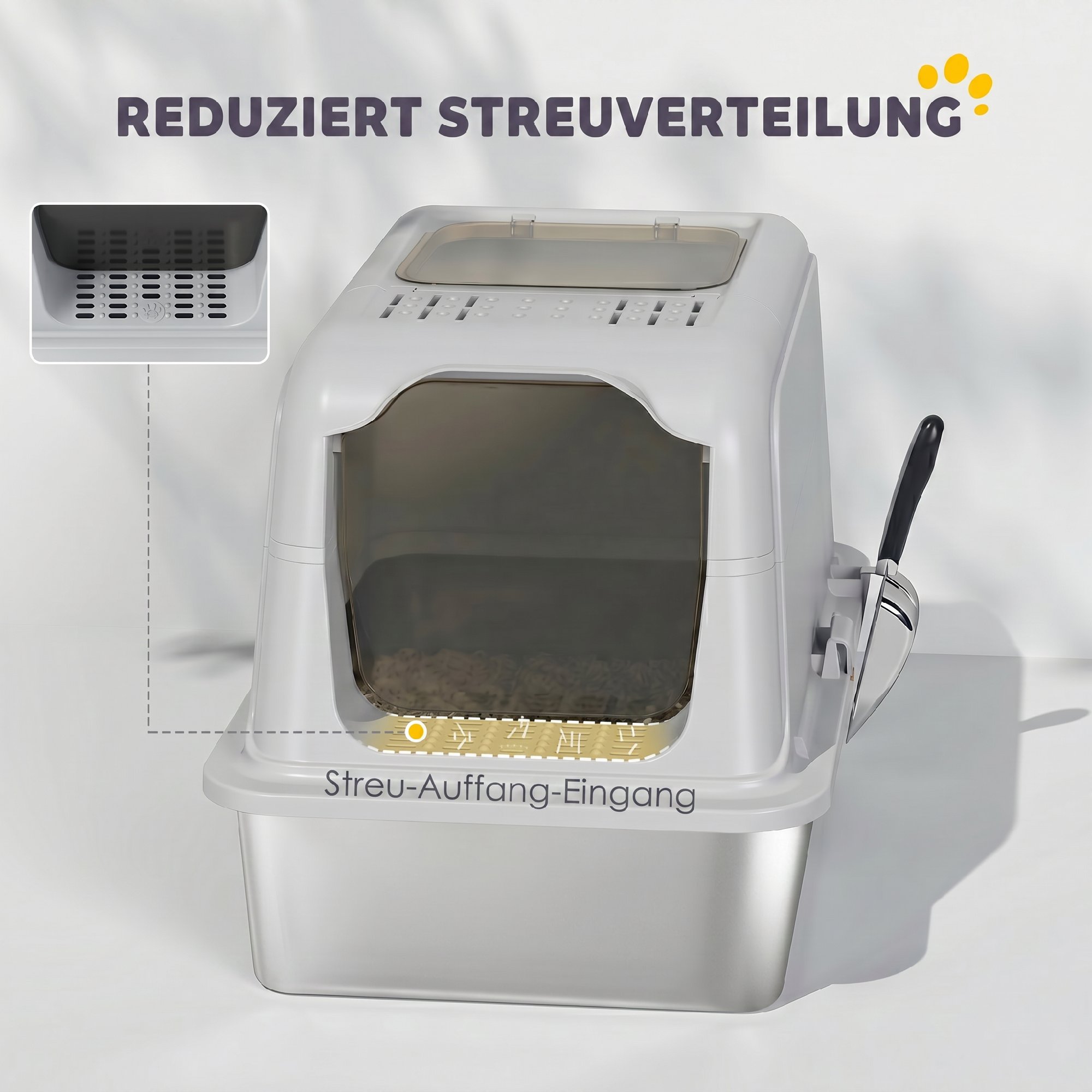 Katzenklo, Katzentoilette mit Deckel, Streuschaufel, vorne Eingang und ober Ausgang Edelstahl bis 8 kg