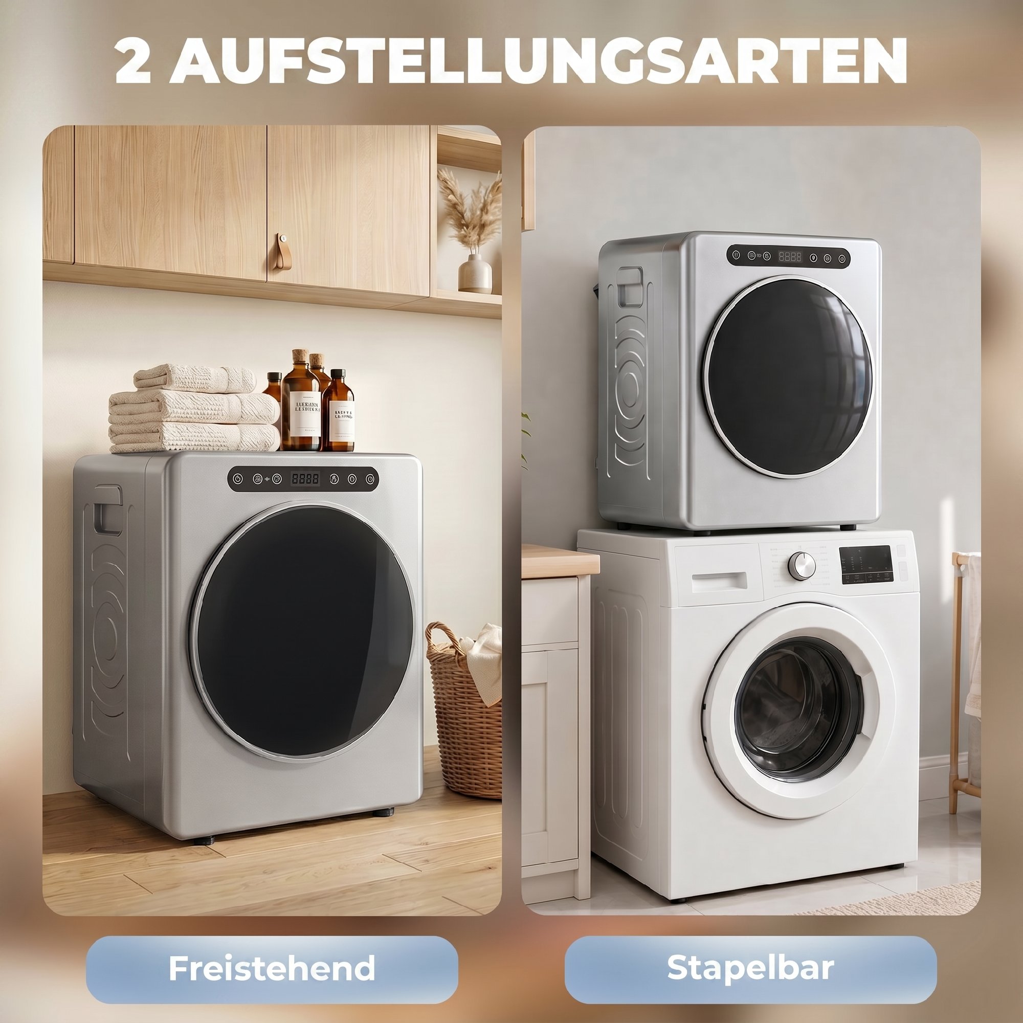 5kg Ablufttrockner, 1000W Kompakter freistehender Frontlader-Wäschetrockner mit Edelstahltrommel, Timer, Silber
