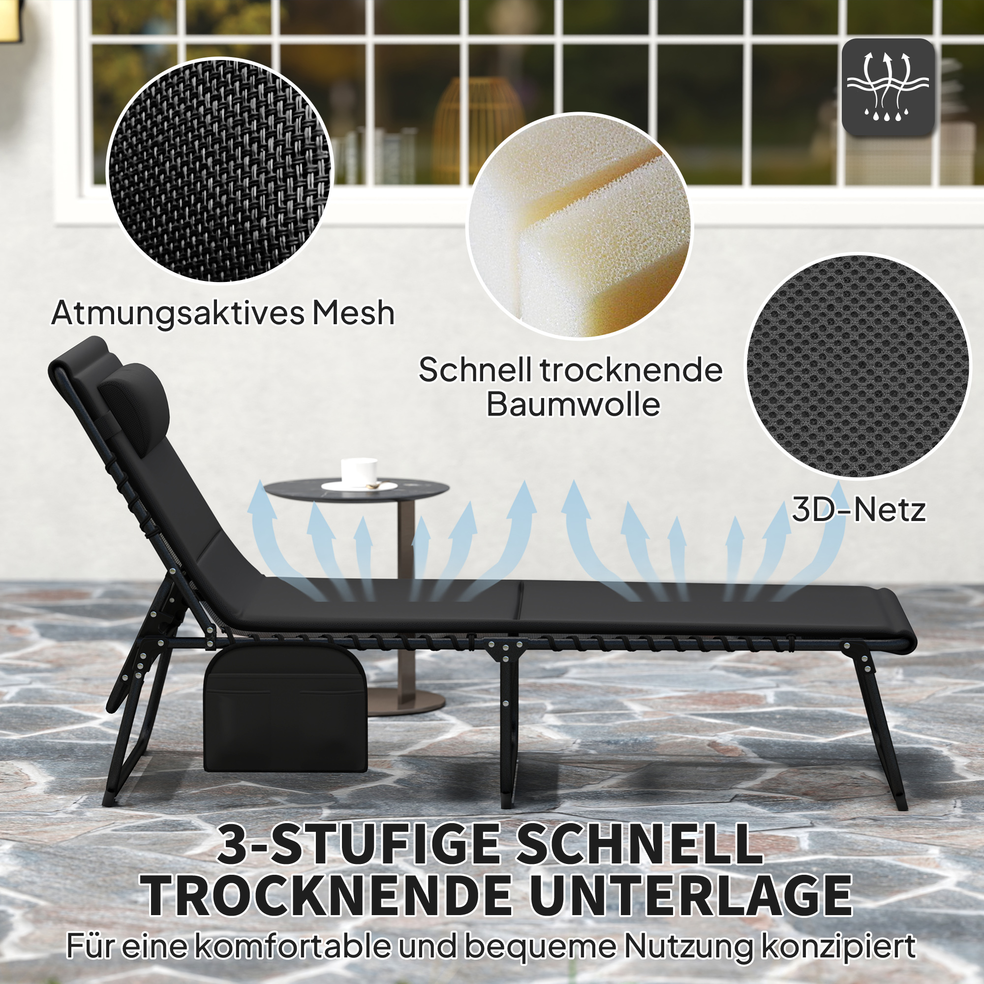 2er Set Sonnenliege klappbar Gartenliege mit Kopfkissen 5-Fach höhenverstellbarer Rückenlehne Seitentasche Schwarz