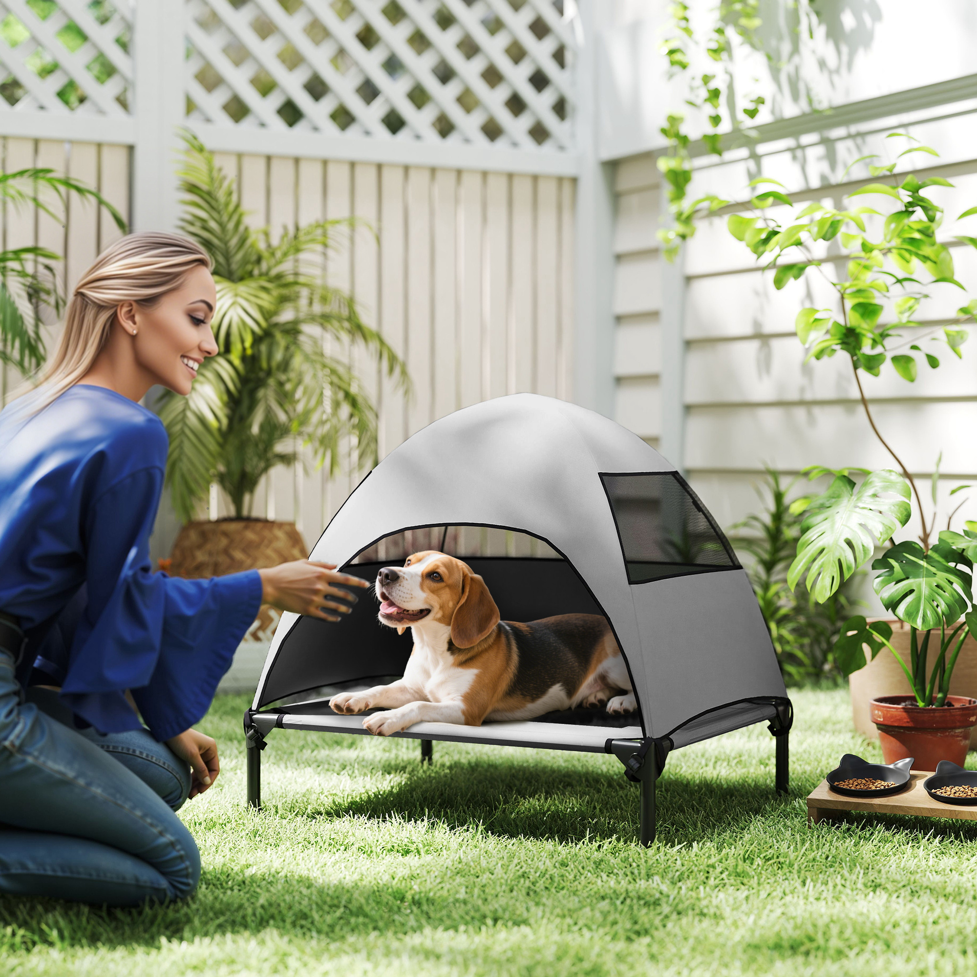 Hundeliege Outdoor mit Dach, erhöhtes Hundebett für Mittelgroße Hunde, 76 x 61 x 71cm, Hellgrau